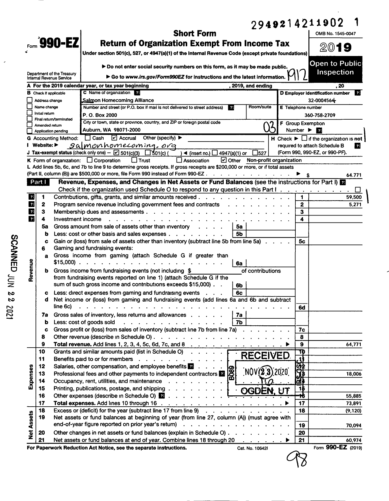 Image of first page of 2019 Form 990EZ for Salmon Homecoming Alliance