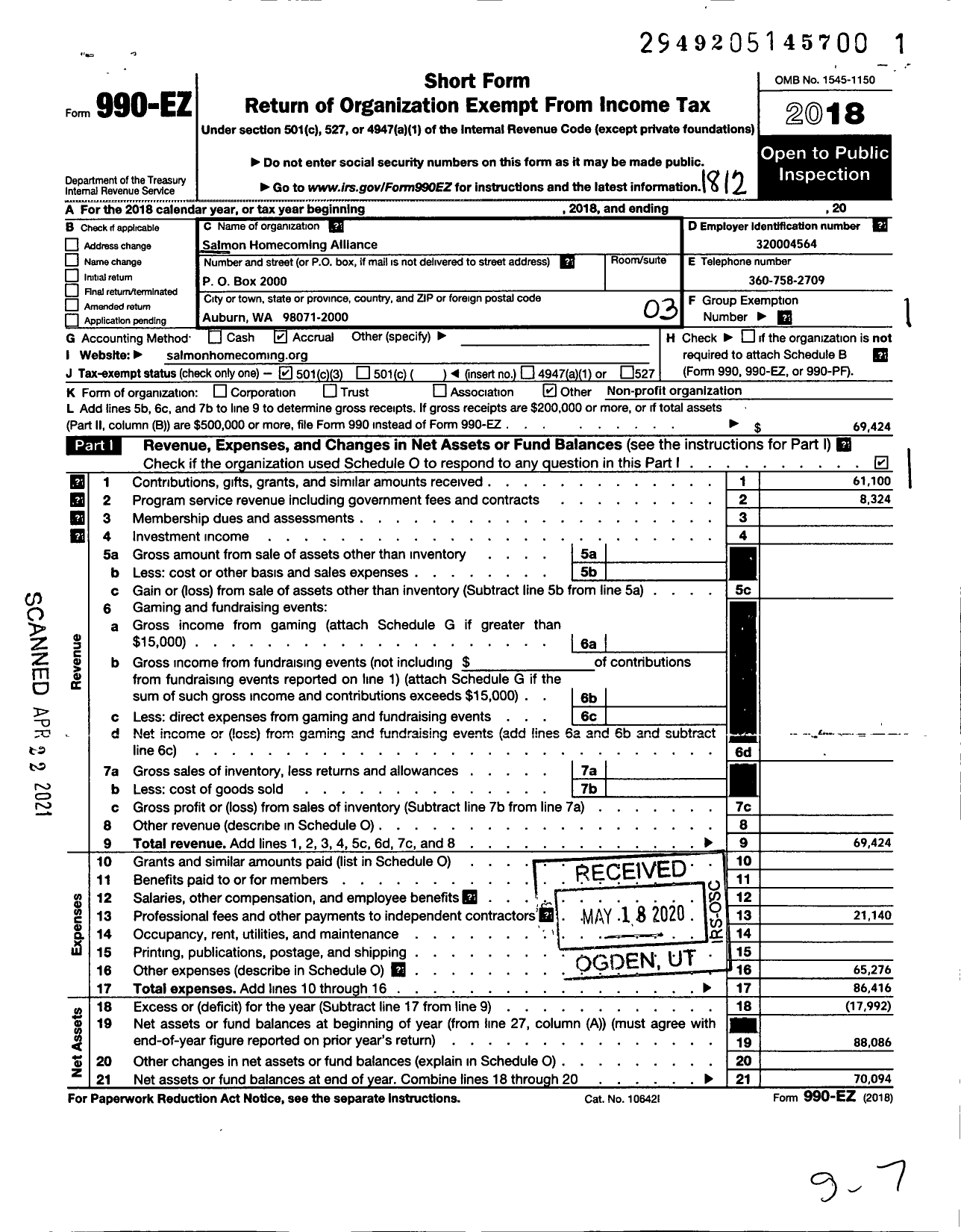 Image of first page of 2018 Form 990EZ for Salmon Homecoming Alliance