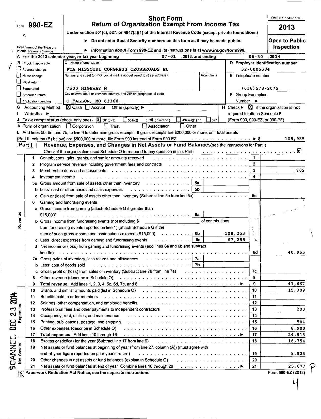 Image of first page of 2013 Form 990EZ for PTA Missouri Congress / Crossroads Elementary PTA