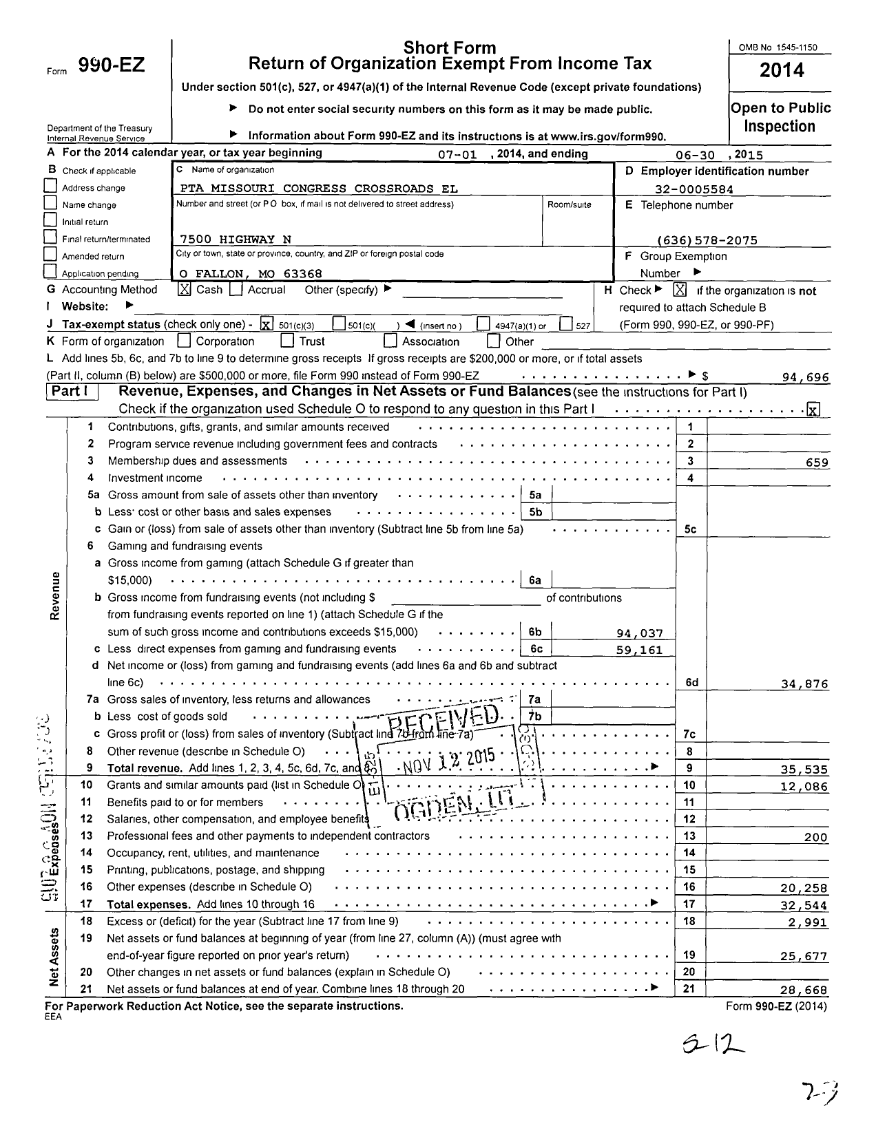 Image of first page of 2014 Form 990EZ for PTA Missouri Congress / Crossroads Elementary PTA