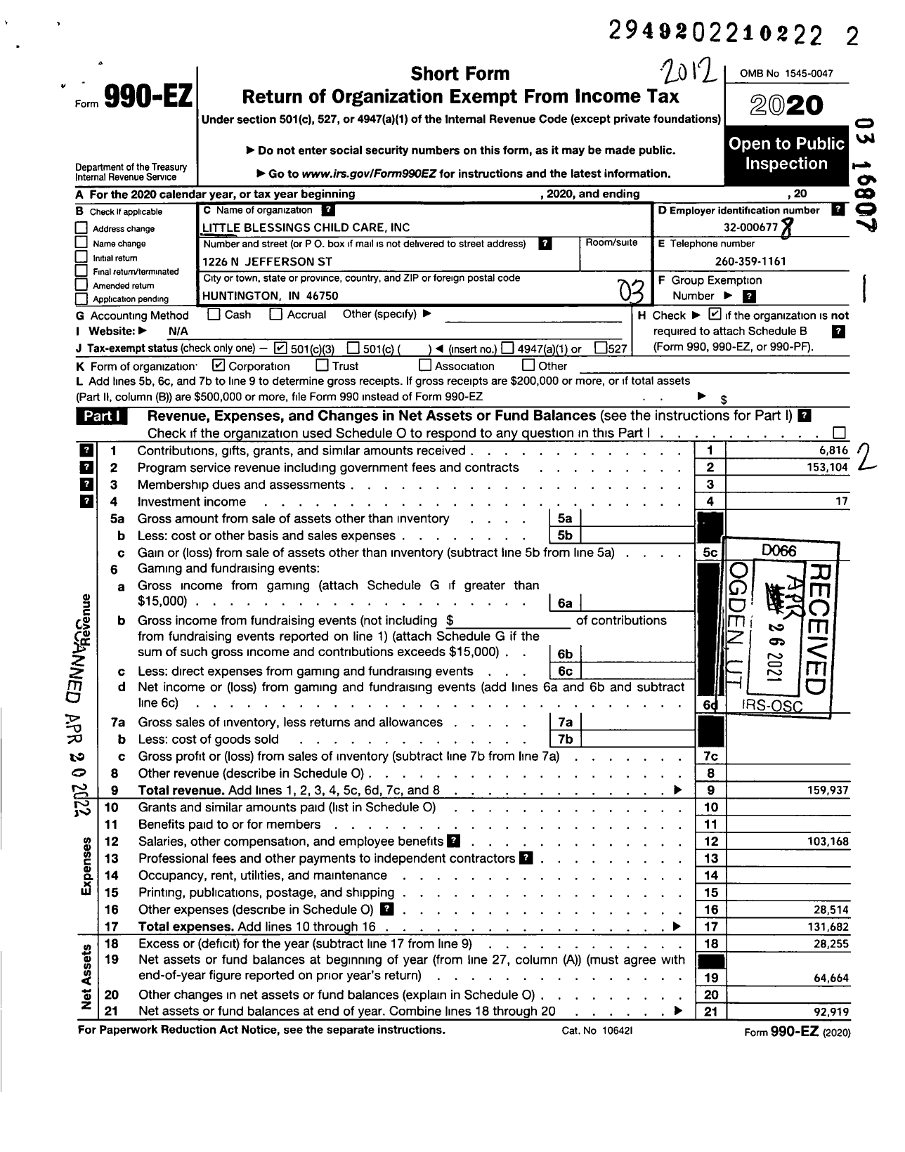 Image of first page of 2020 Form 990EZ for Little Blessings Child Care