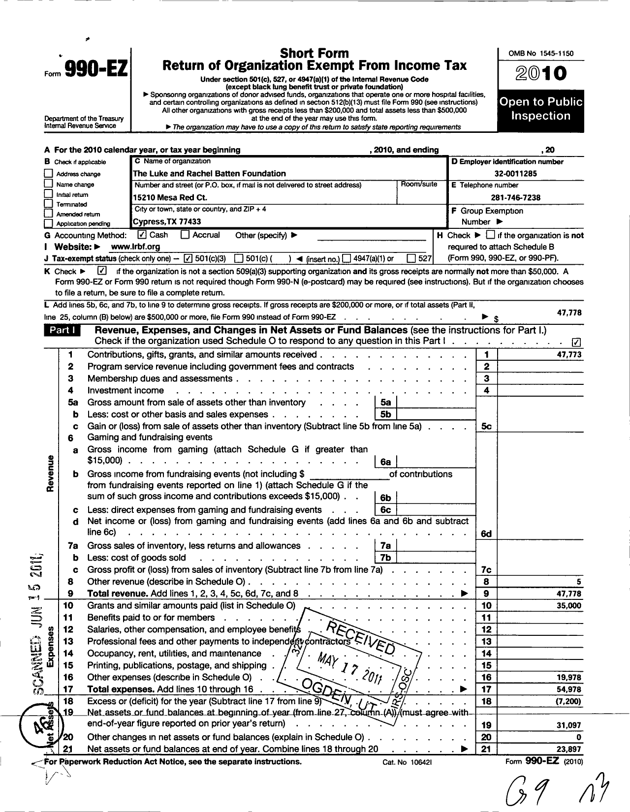 Image of first page of 2010 Form 990EZ for Luke and Rachel Batten Foundation