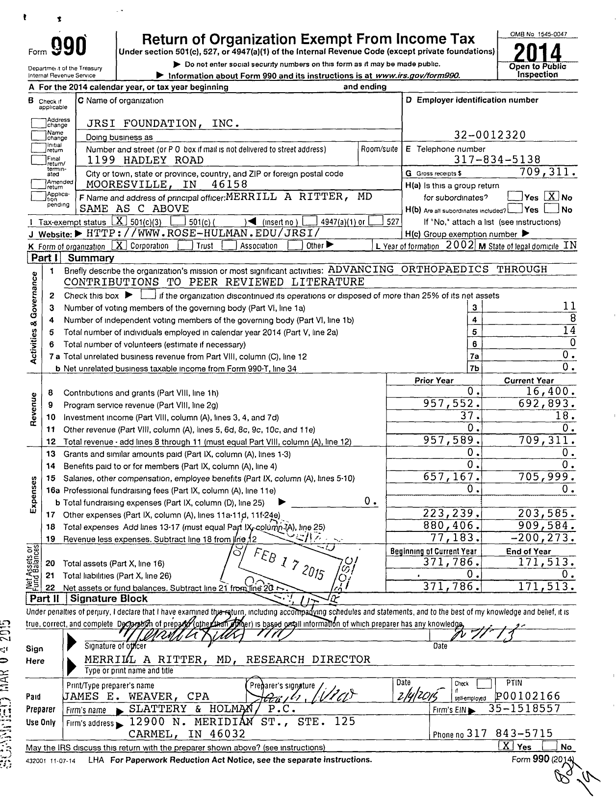 Image of first page of 2014 Form 990 for Jrsi Foundation