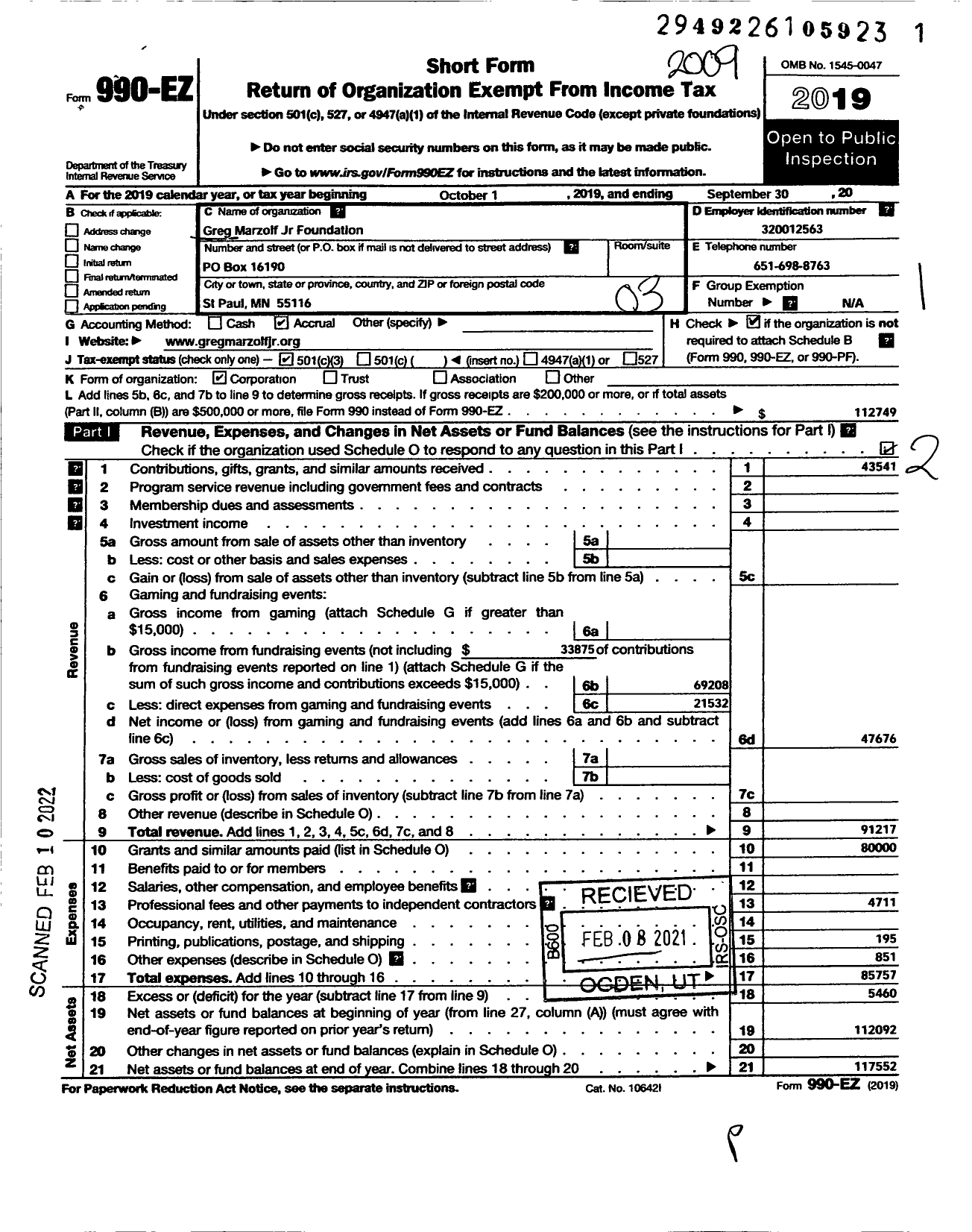 Image of first page of 2019 Form 990EZ for Greg Marzolf JR Foundation