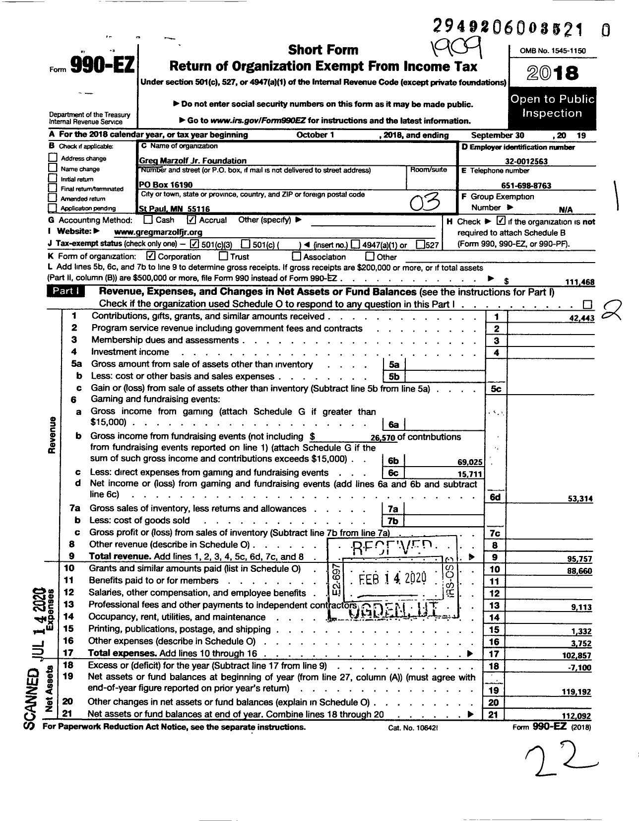 Image of first page of 2018 Form 990EZ for Greg Marzolf JR Foundation