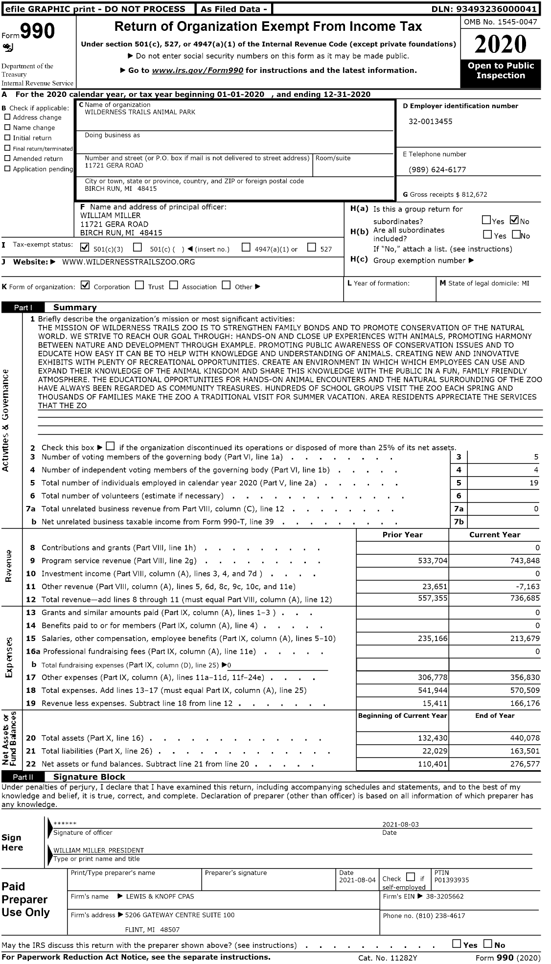 Image of first page of 2020 Form 990 for Wilderness Trails Animal Park