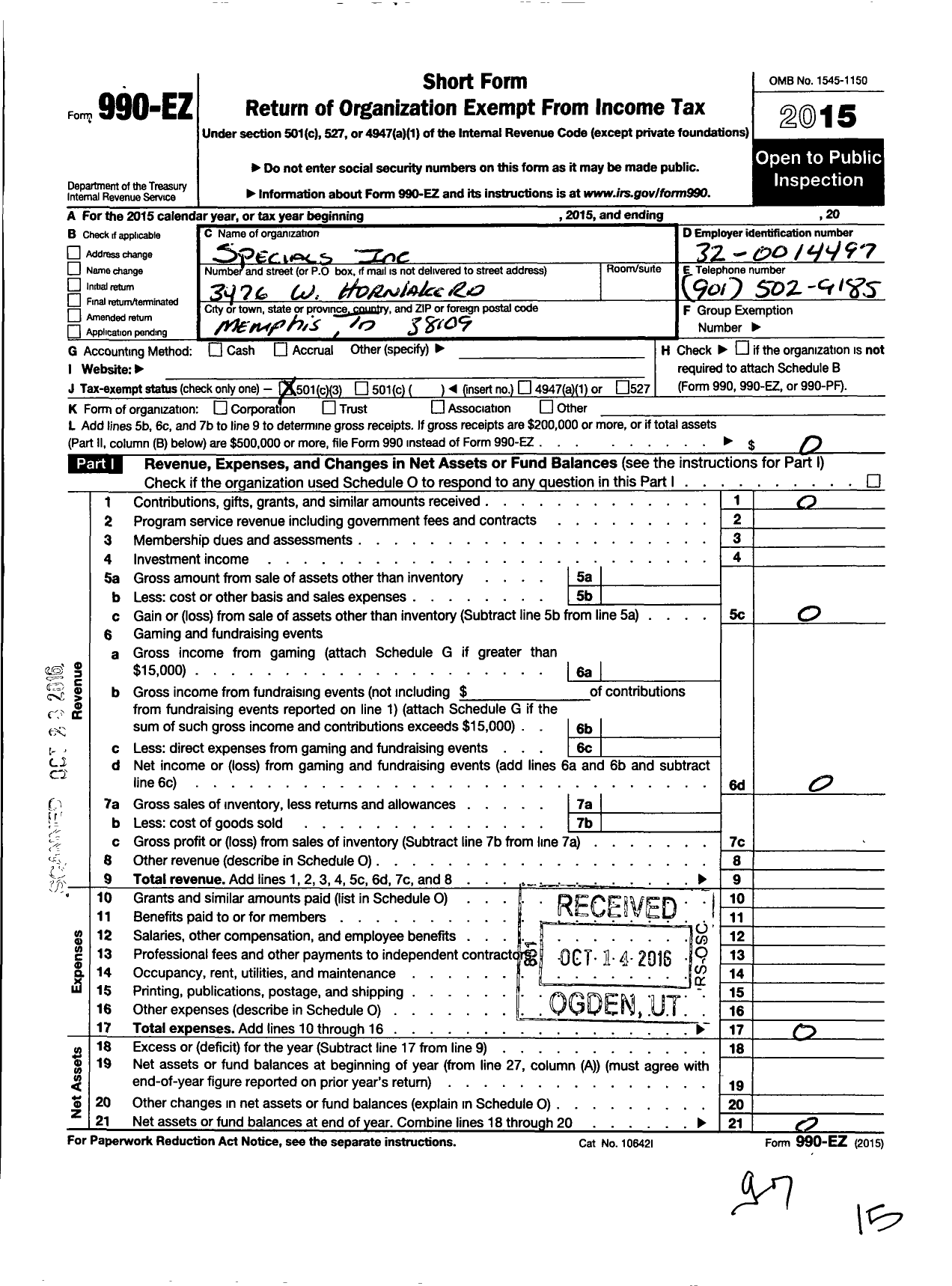 Image of first page of 2015 Form 990EZ for S P E C I A L S