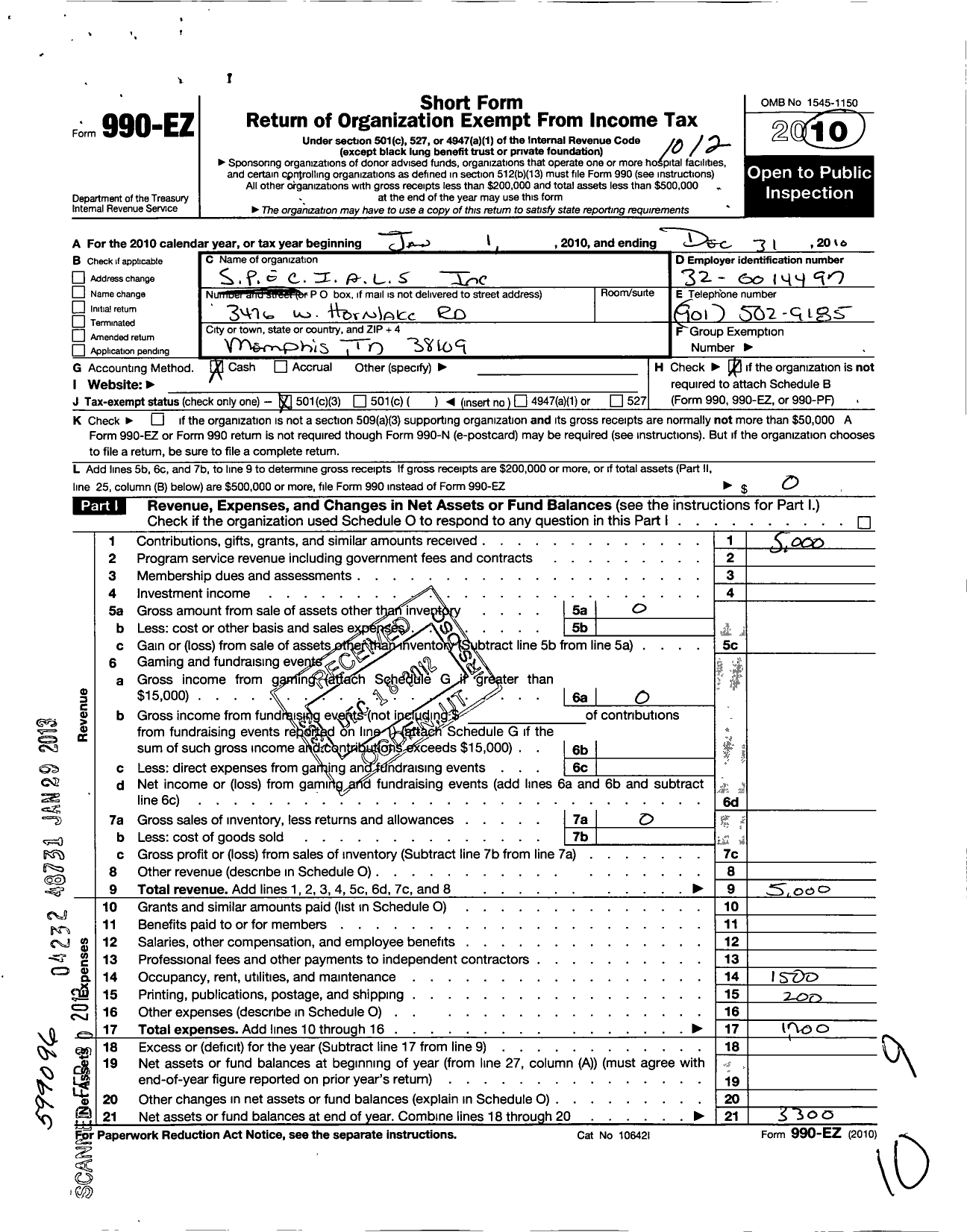 Image of first page of 2010 Form 990EZ for S P E C I A L S