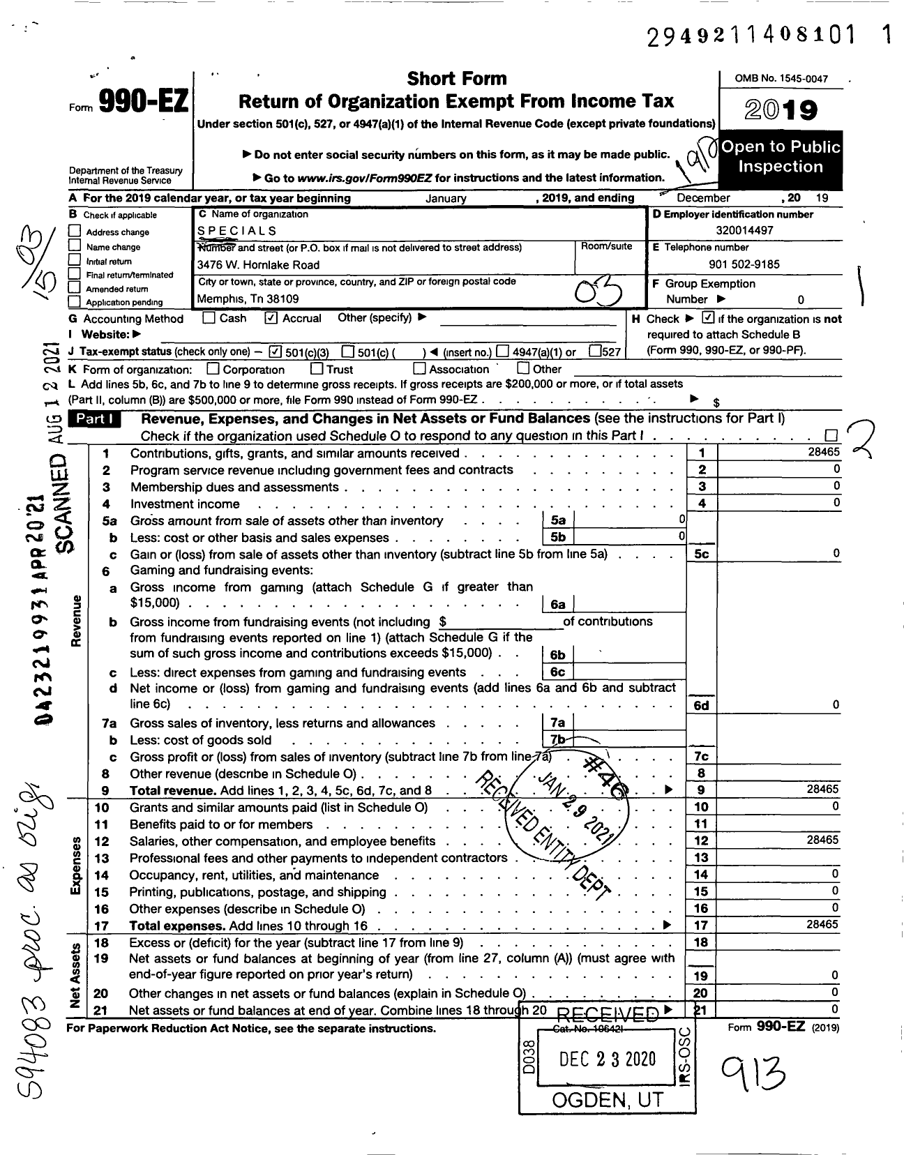 Image of first page of 2019 Form 990EZ for S P E C I A L S