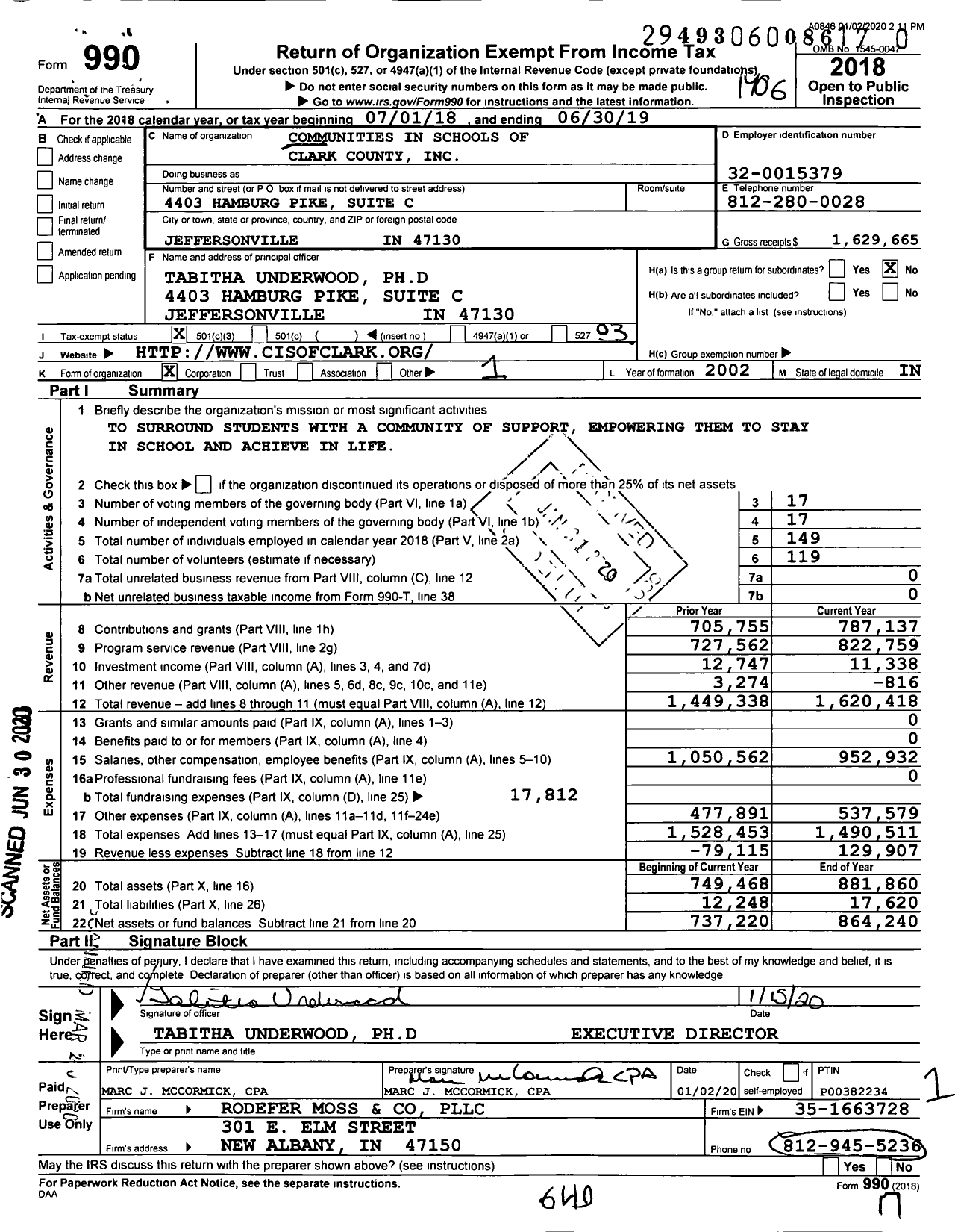 Image of first page of 2018 Form 990 for Youth Link Southern Indiana