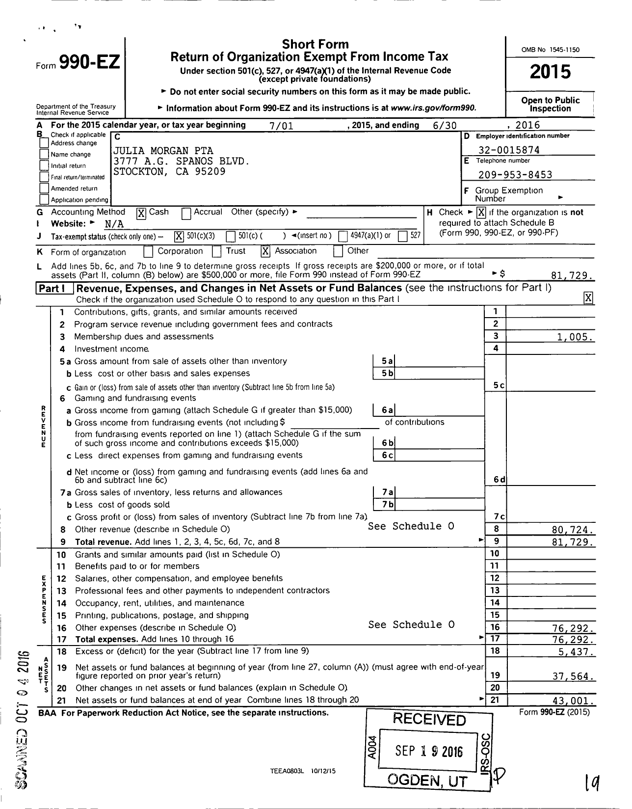 Image of first page of 2015 Form 990EZ for California State PTA - Julia Morgan PTA