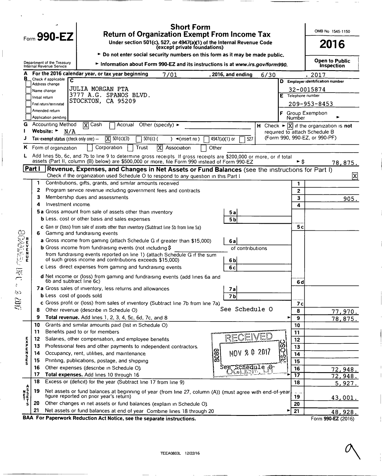 Image of first page of 2016 Form 990EZ for California State PTA - Julia Morgan PTA