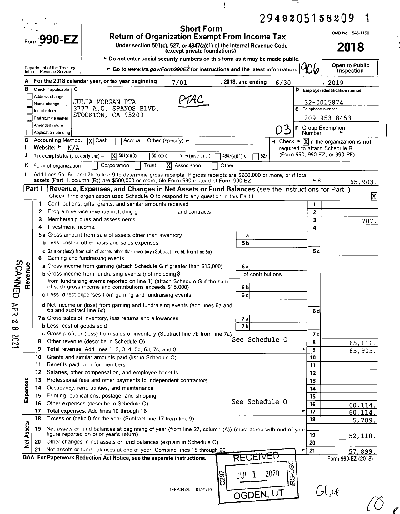 Image of first page of 2018 Form 990EZ for California State PTA - Julia Morgan PTA