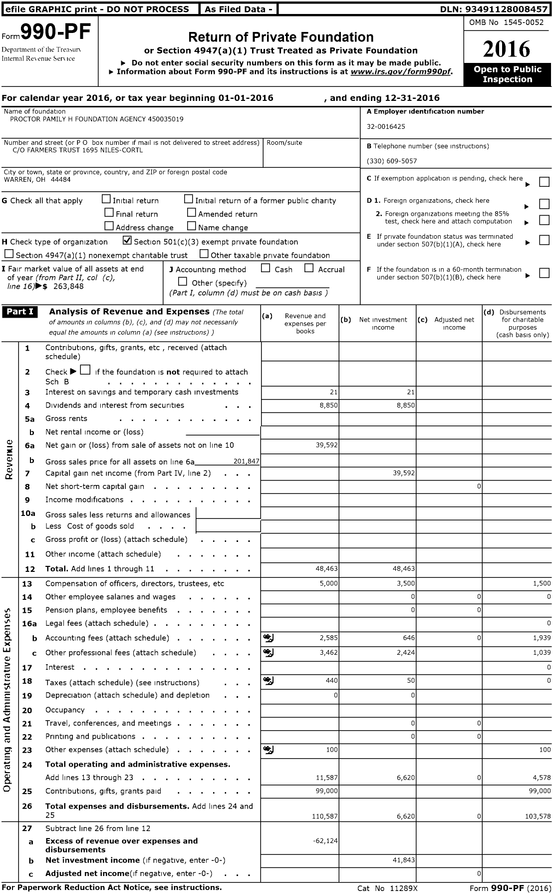 Image of first page of 2016 Form 990PF for Proctor Pamily H Foundation Agency XXX-XX-XXXX