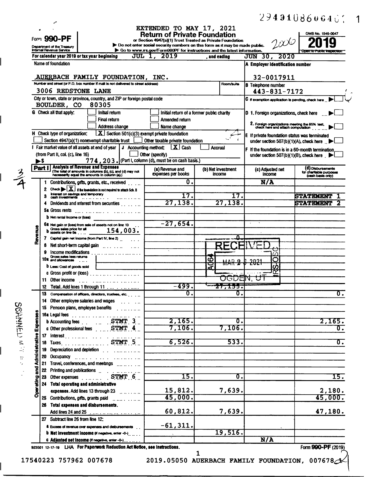 Image of first page of 2019 Form 990PF for Auerbach Family Foundation