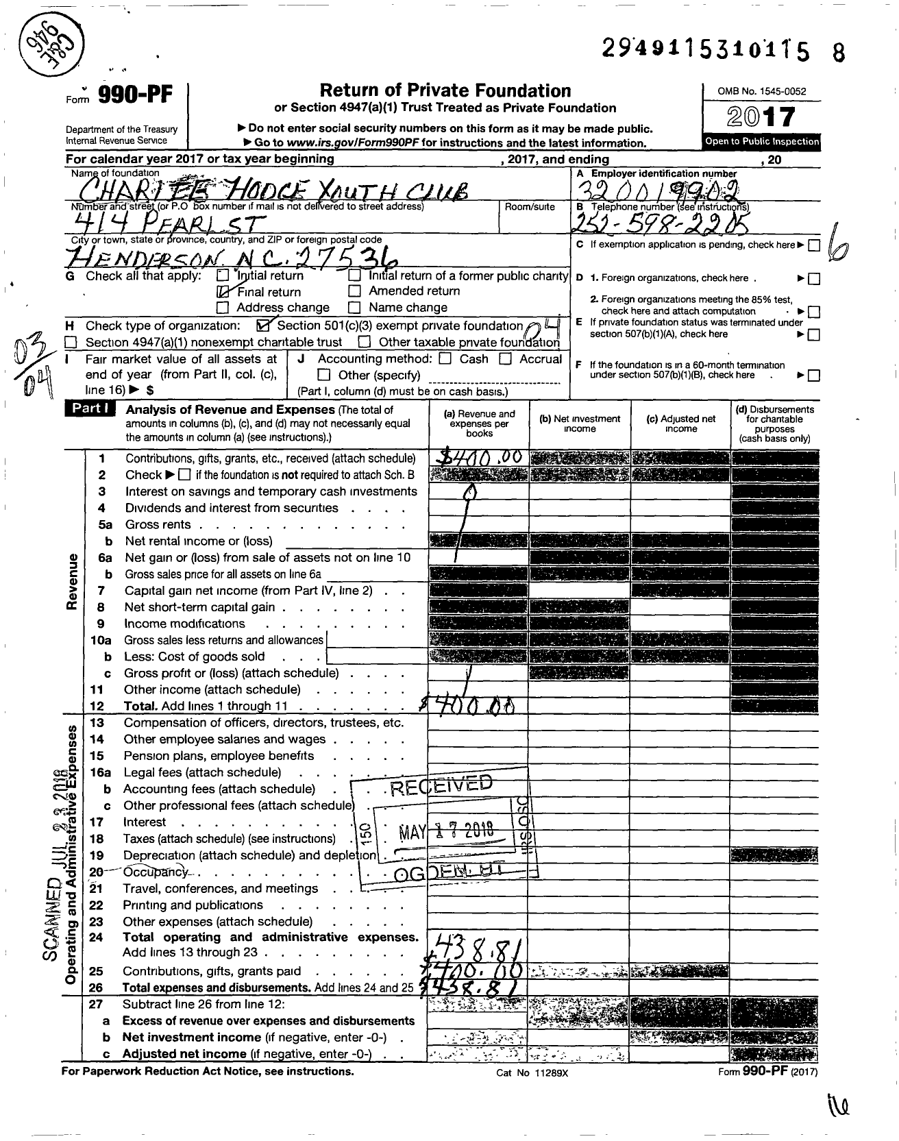 Image of first page of 2017 Form 990PF for Charlie Hodge Youth Club