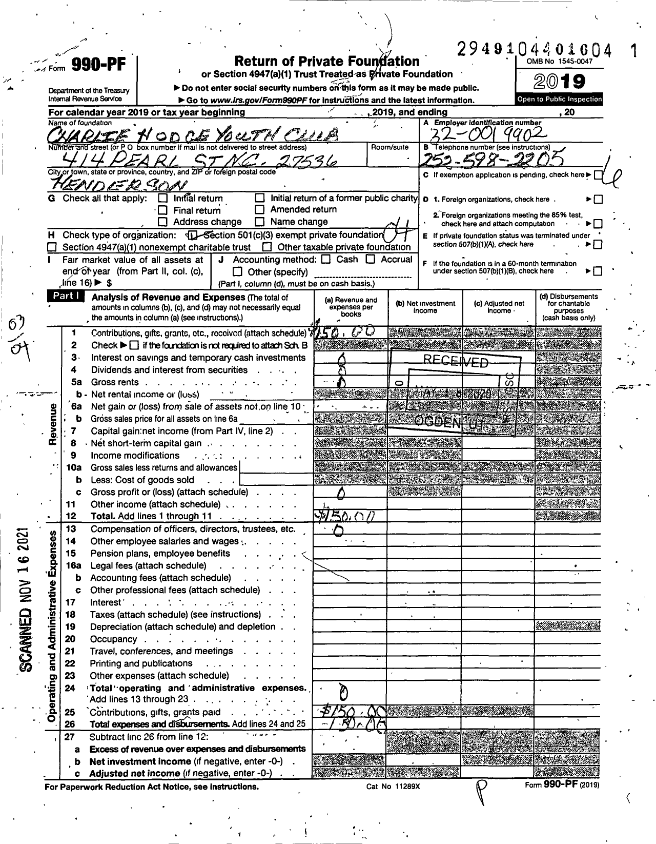 Image of first page of 2019 Form 990PF for Charlie Hodge Youth Club