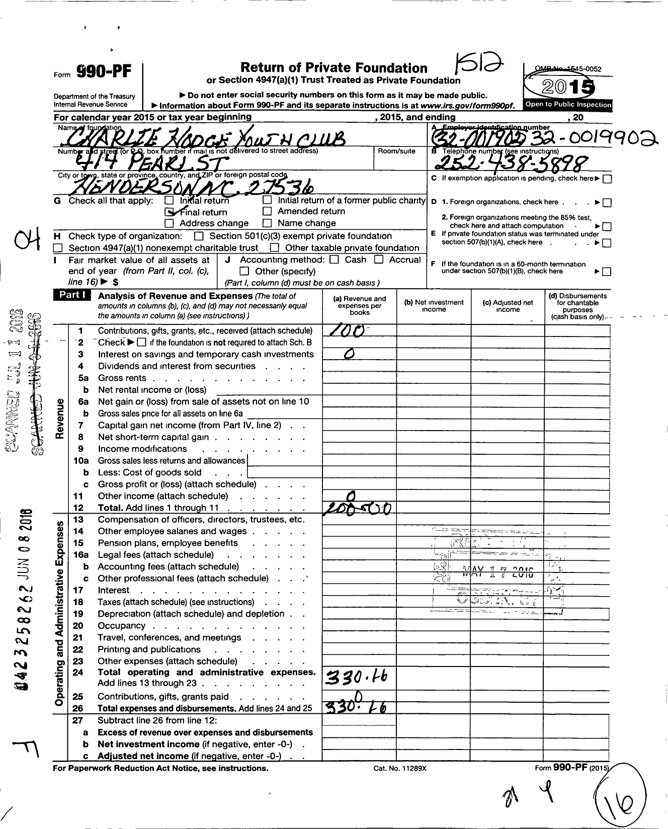 Image of first page of 2015 Form 990PF for Charlie Hodge Youth Club