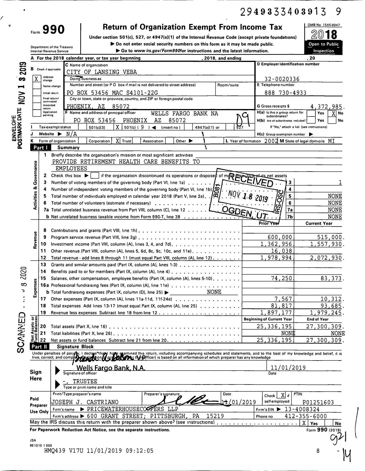 Image of first page of 2018 Form 990O for City of Lansing Lansing-Veba