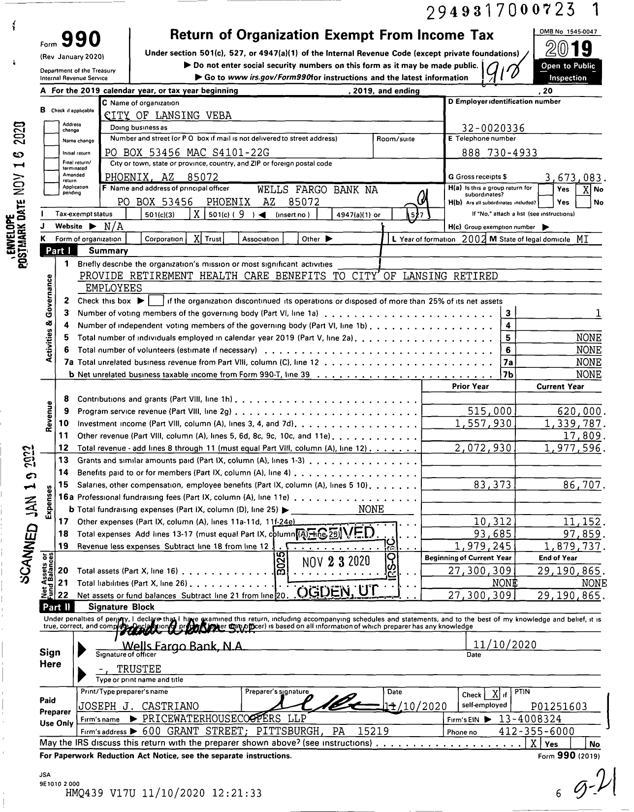 Image of first page of 2019 Form 990O for City of Lansing Lansing-Veba