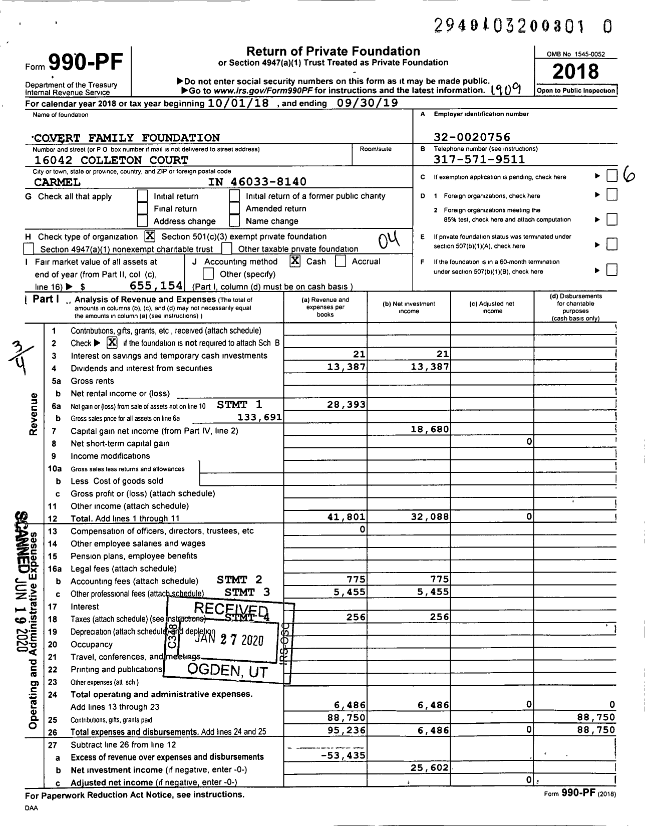 Image of first page of 2018 Form 990PR for Covert Family Foundation