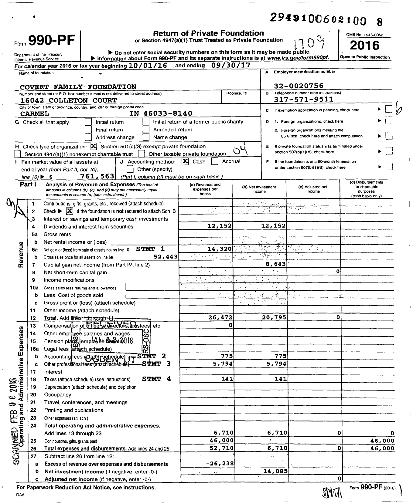 Image of first page of 2016 Form 990PF for Covert Family Foundation