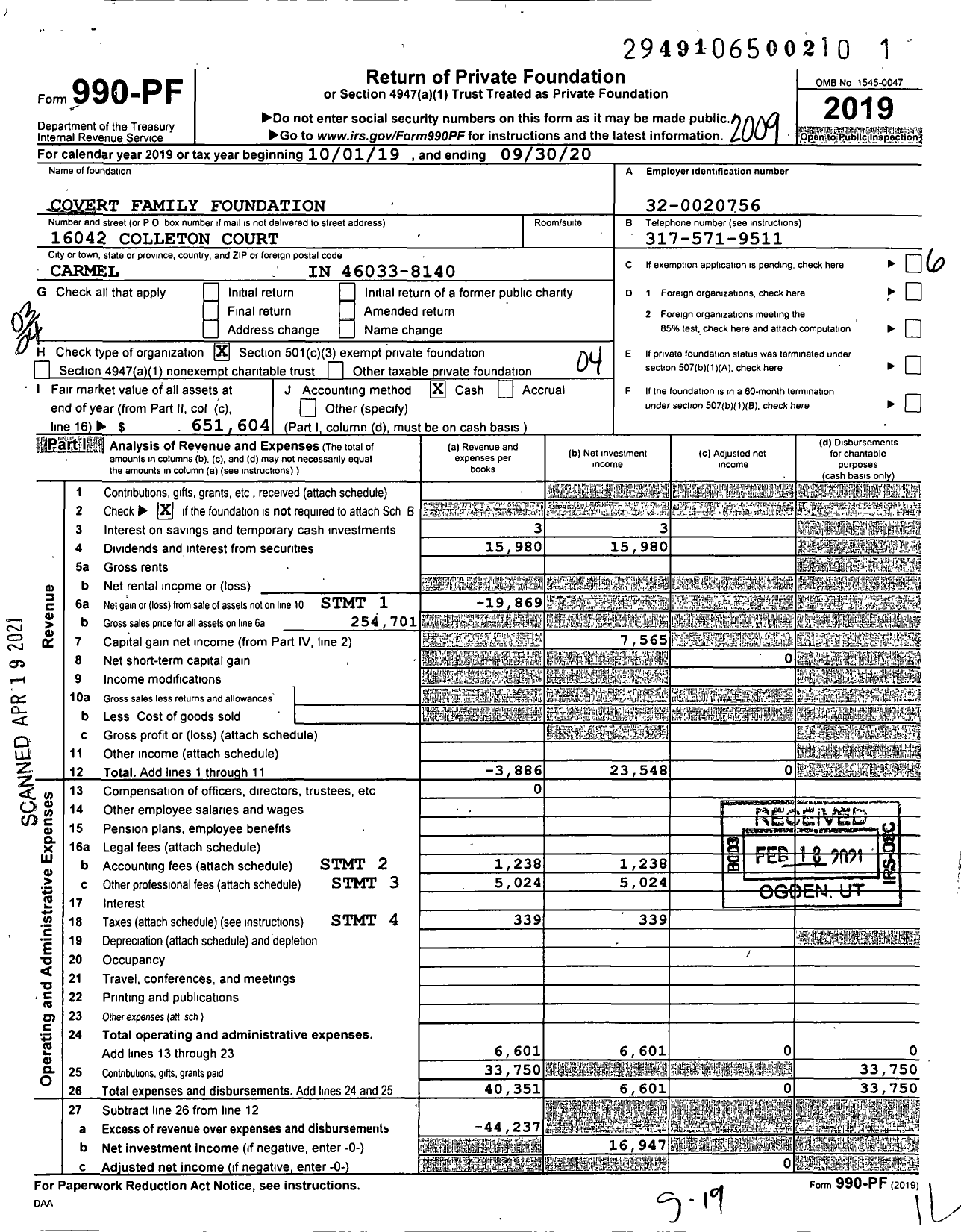 Image of first page of 2019 Form 990PF for Covert Family Foundation