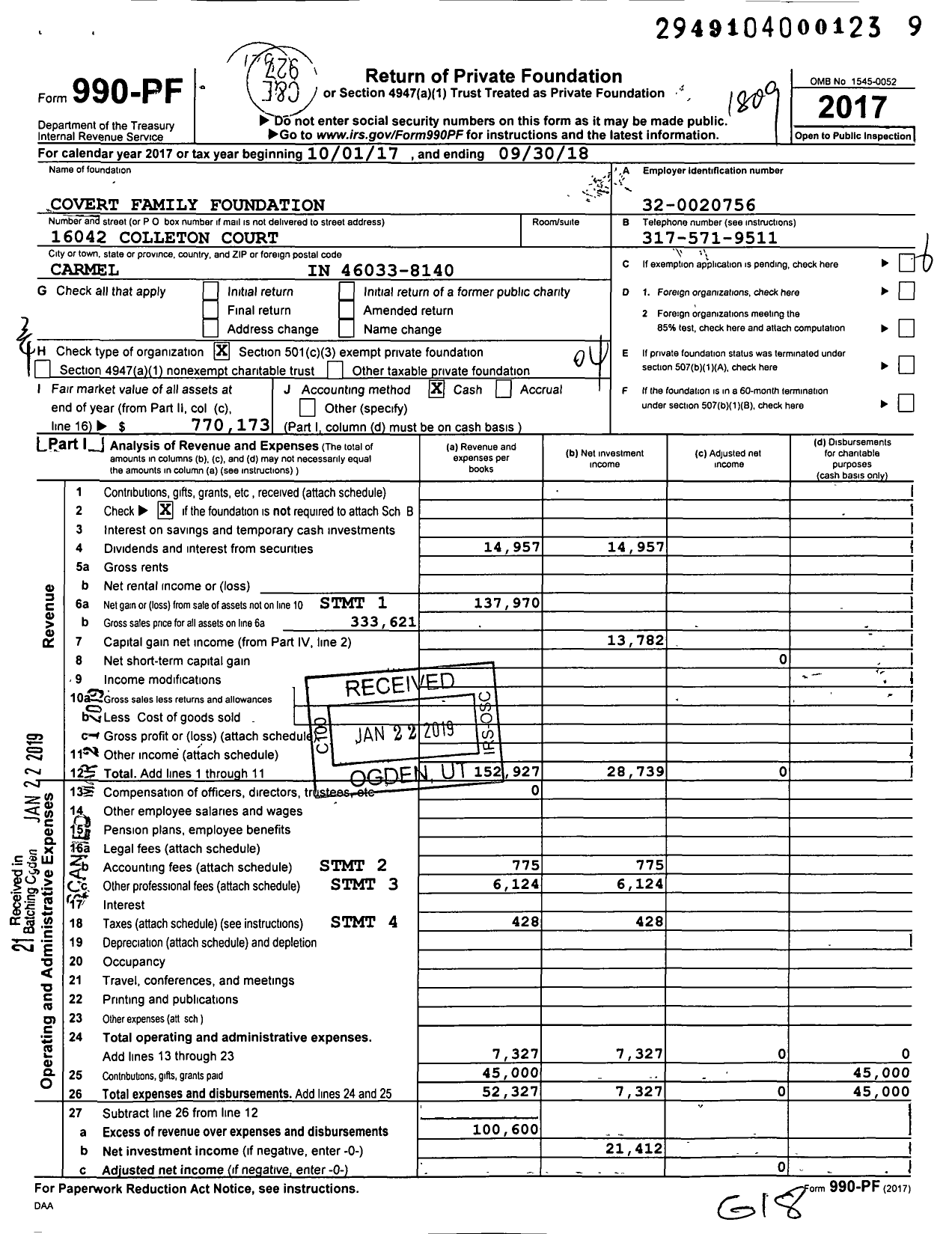 Image of first page of 2017 Form 990PF for Covert Family Foundation