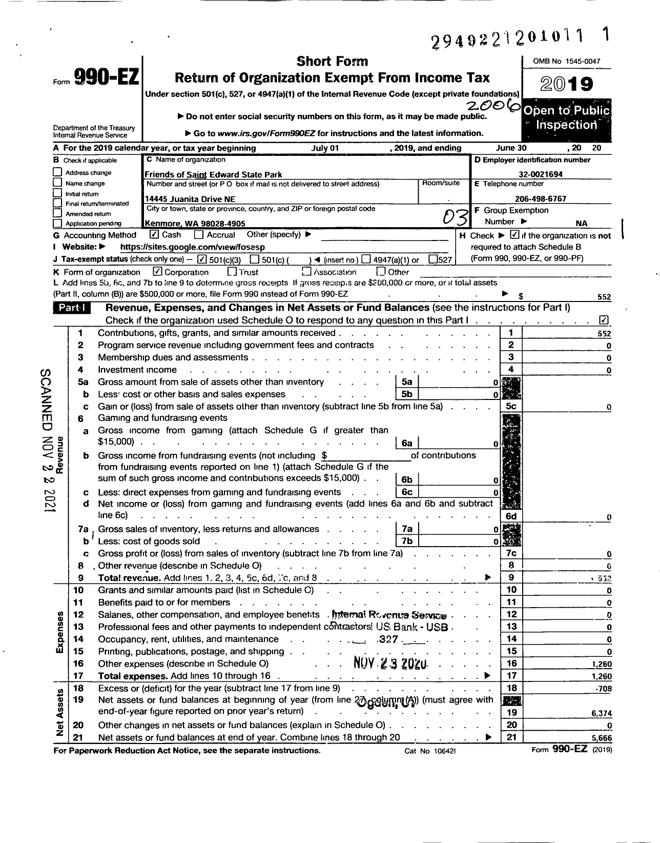 Image of first page of 2019 Form 990EZ for Friends of Saint Edward State Park