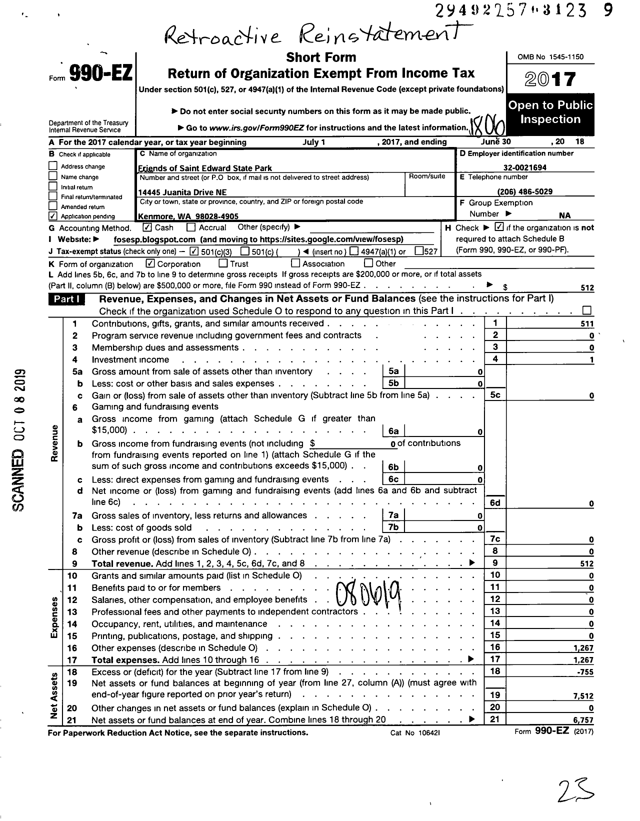 Image of first page of 2017 Form 990EZ for Friends of Saint Edward State Park