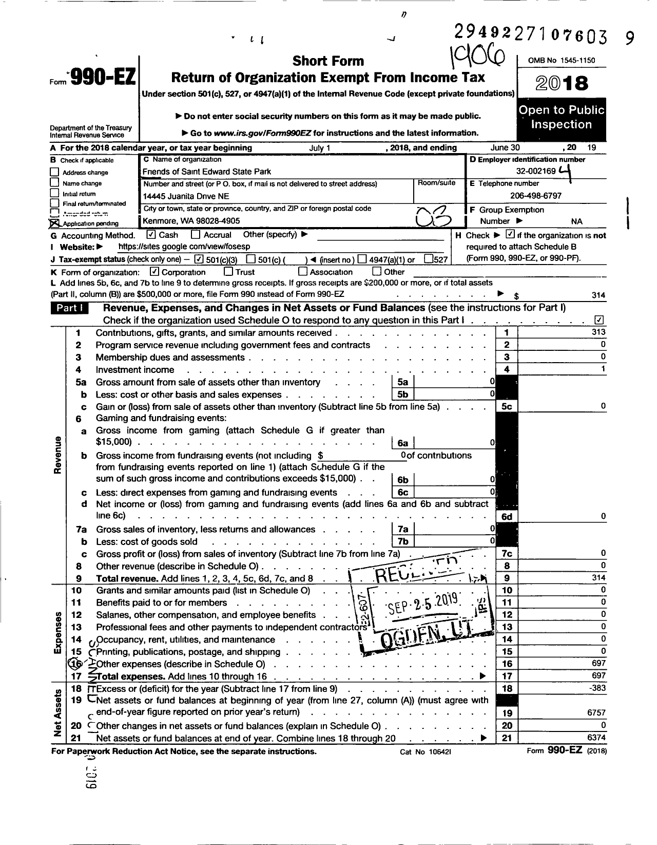 Image of first page of 2018 Form 990EZ for Friends of Saint Edward State Park