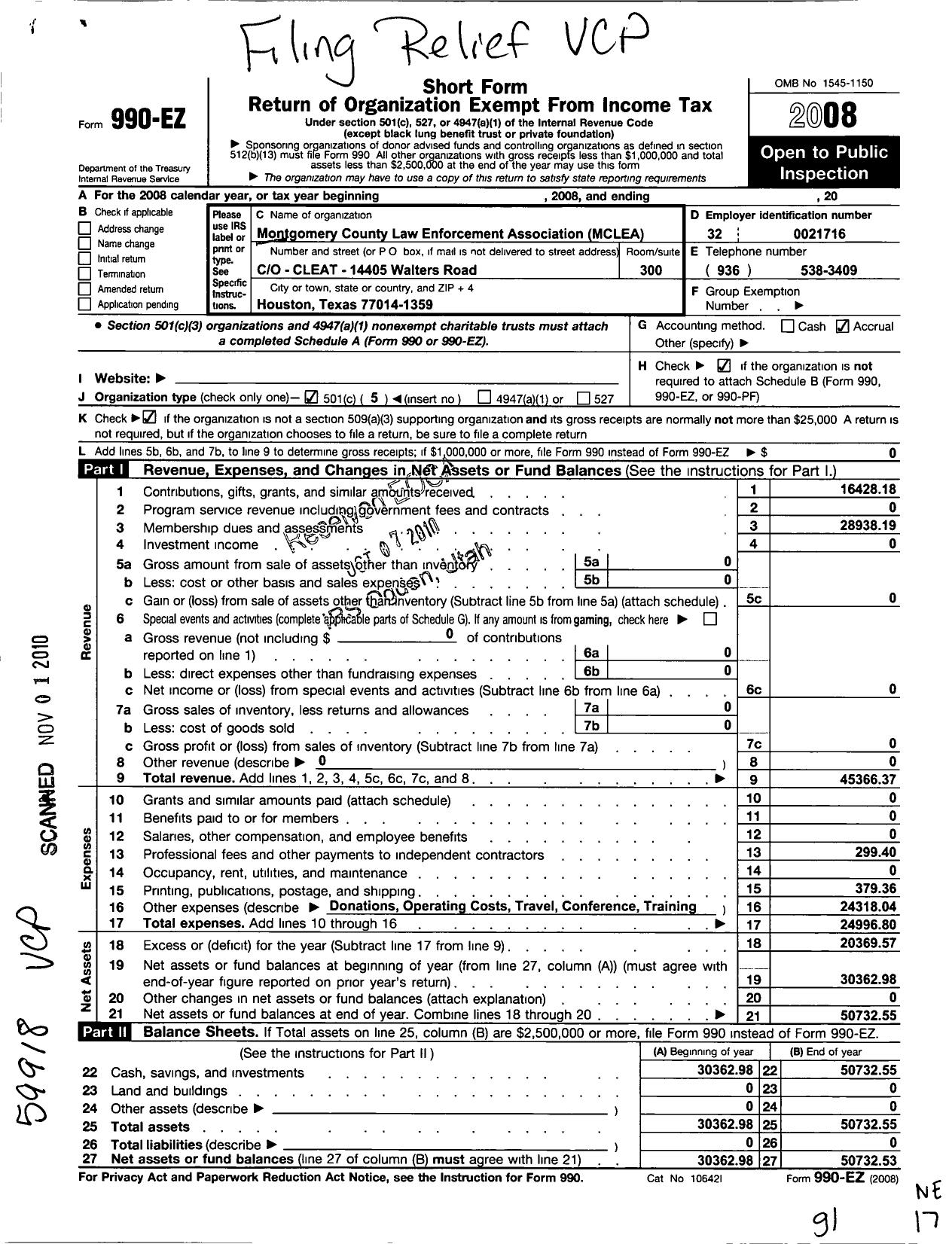 Image of first page of 2008 Form 990EO for Montgomery County Law Enforcement Association (MCLEA)