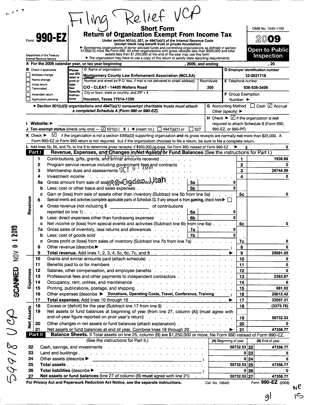 Image of first page of 2009 Form 990EO for Montgomery County Law Enforcement Association (MCLEA)