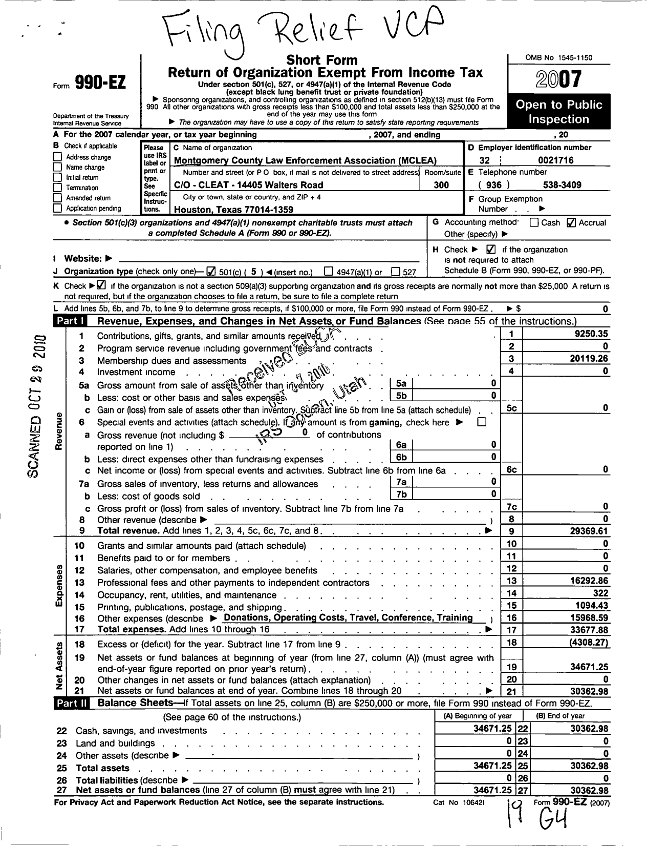 Image of first page of 2007 Form 990EO for Montgomery County Law Enforcement Association (MCLEA)