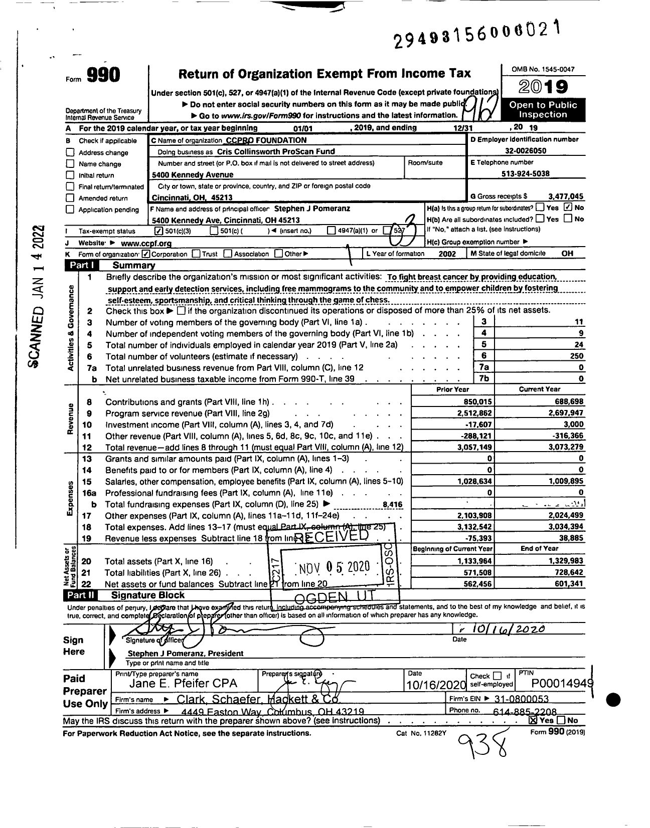 Image of first page of 2019 Form 990 for Cris Collinsworth ProScan Fund (CCPF)