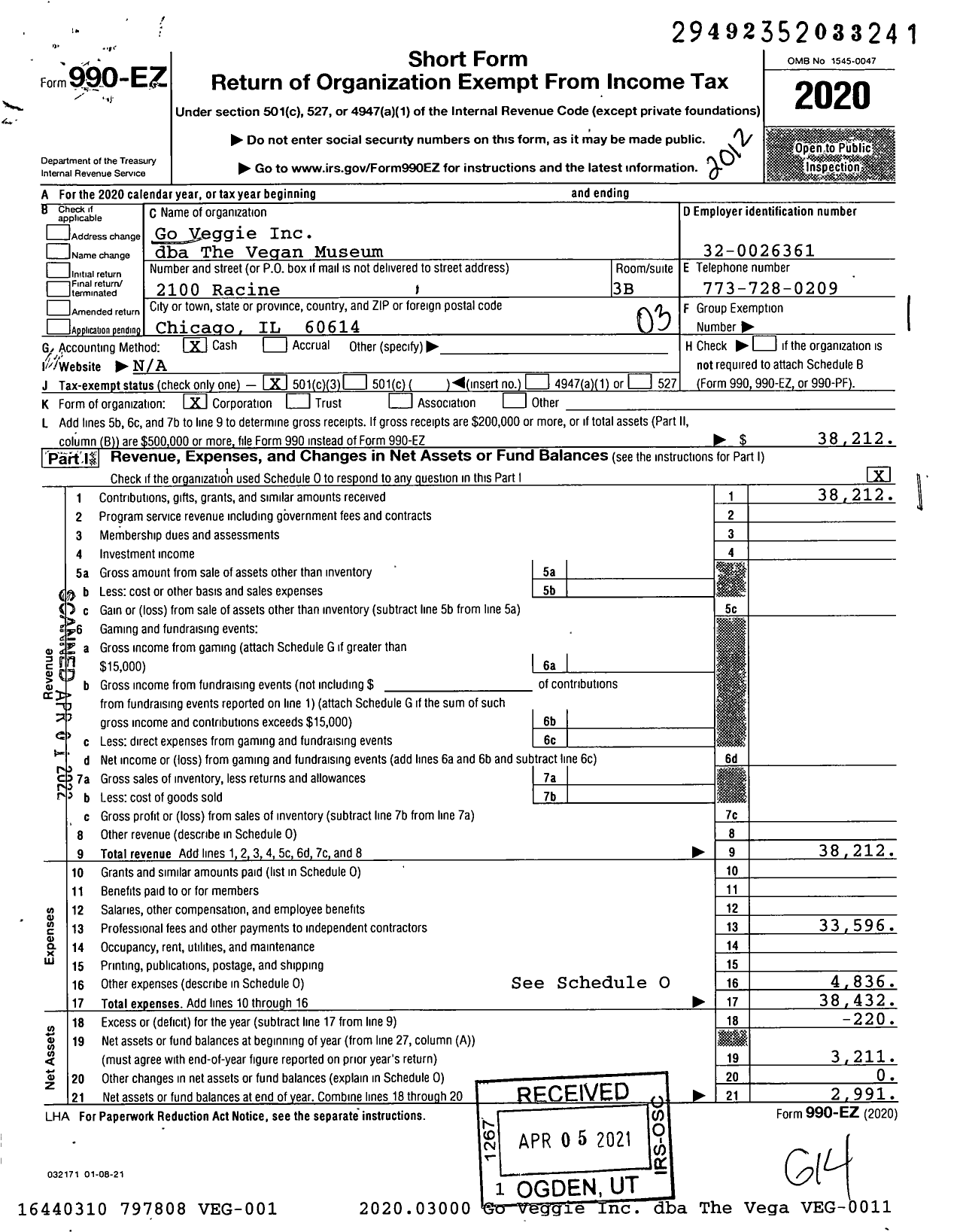 Image of first page of 2020 Form 990EZ for The Vegan Museum