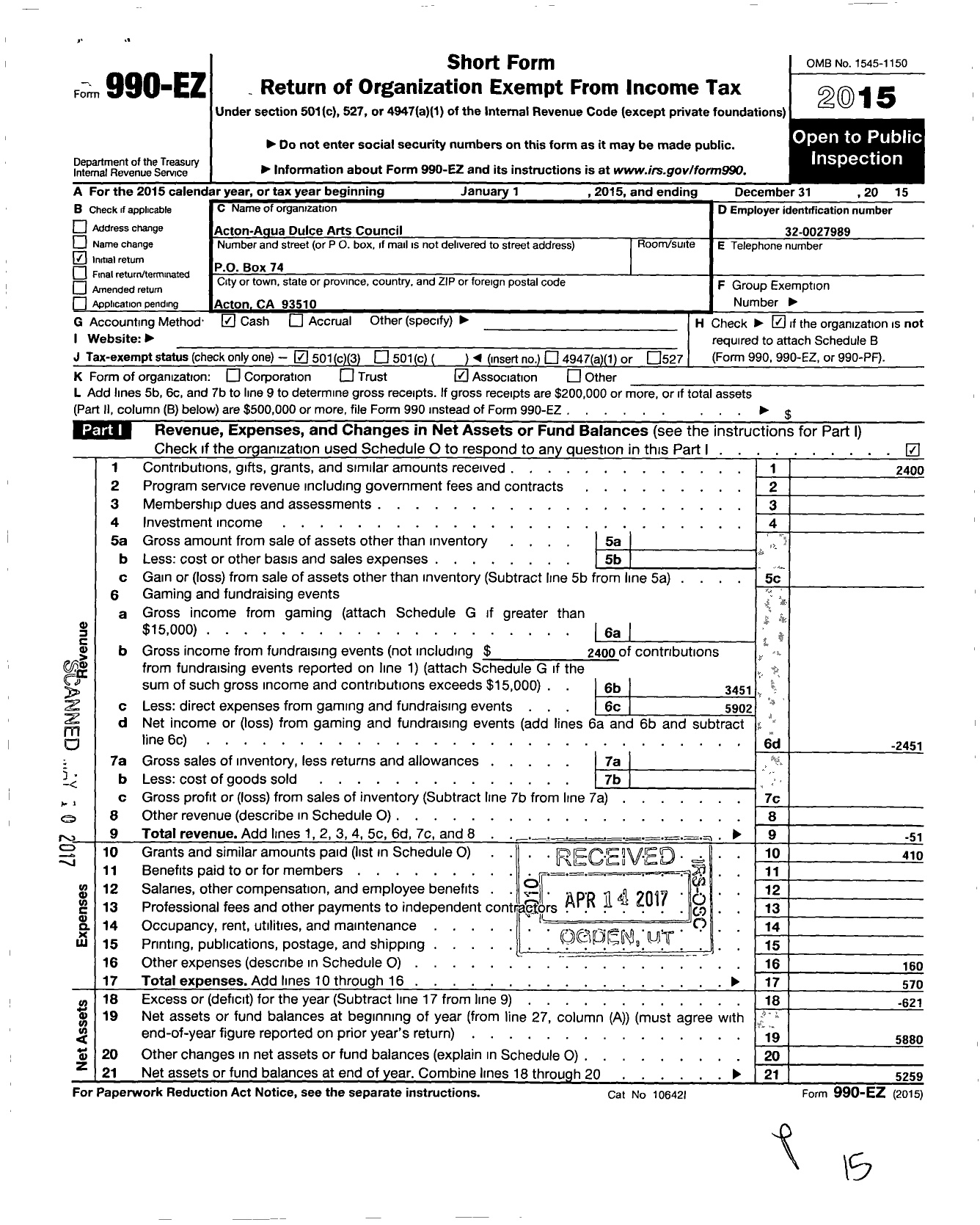 Image of first page of 2015 Form 990EZ for Acton-Agua Dulce Arts Council