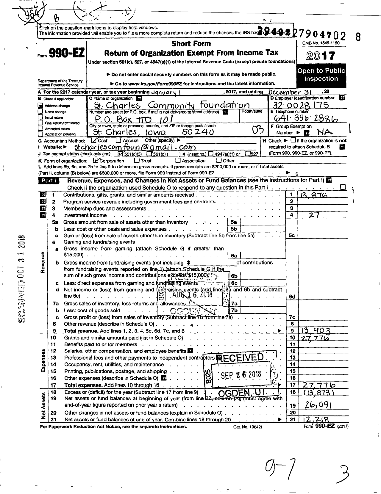 Image of first page of 2017 Form 990EZ for St Charles Community Foundation