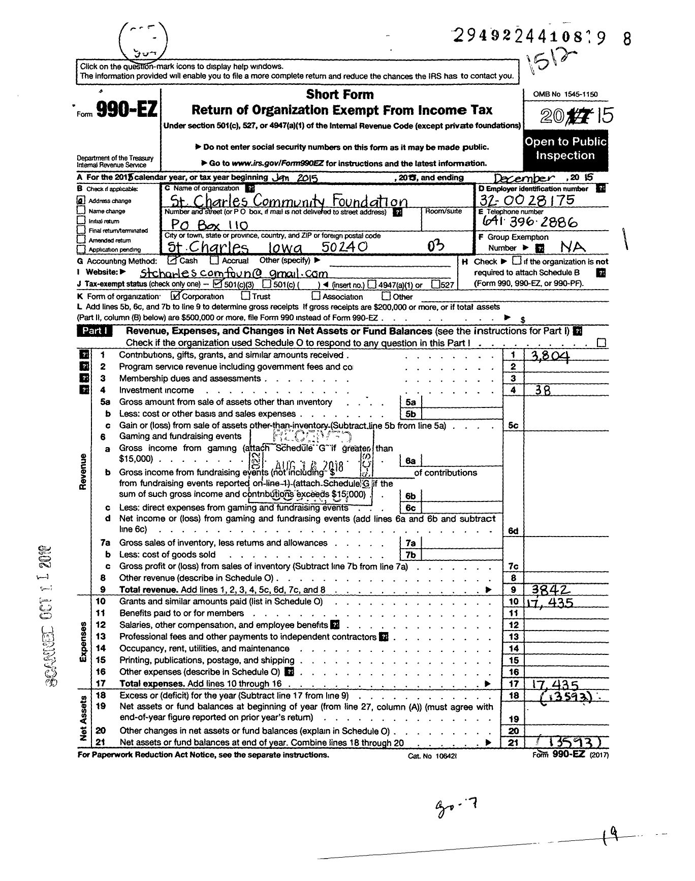 Image of first page of 2015 Form 990EZ for St Charles Community Foundation