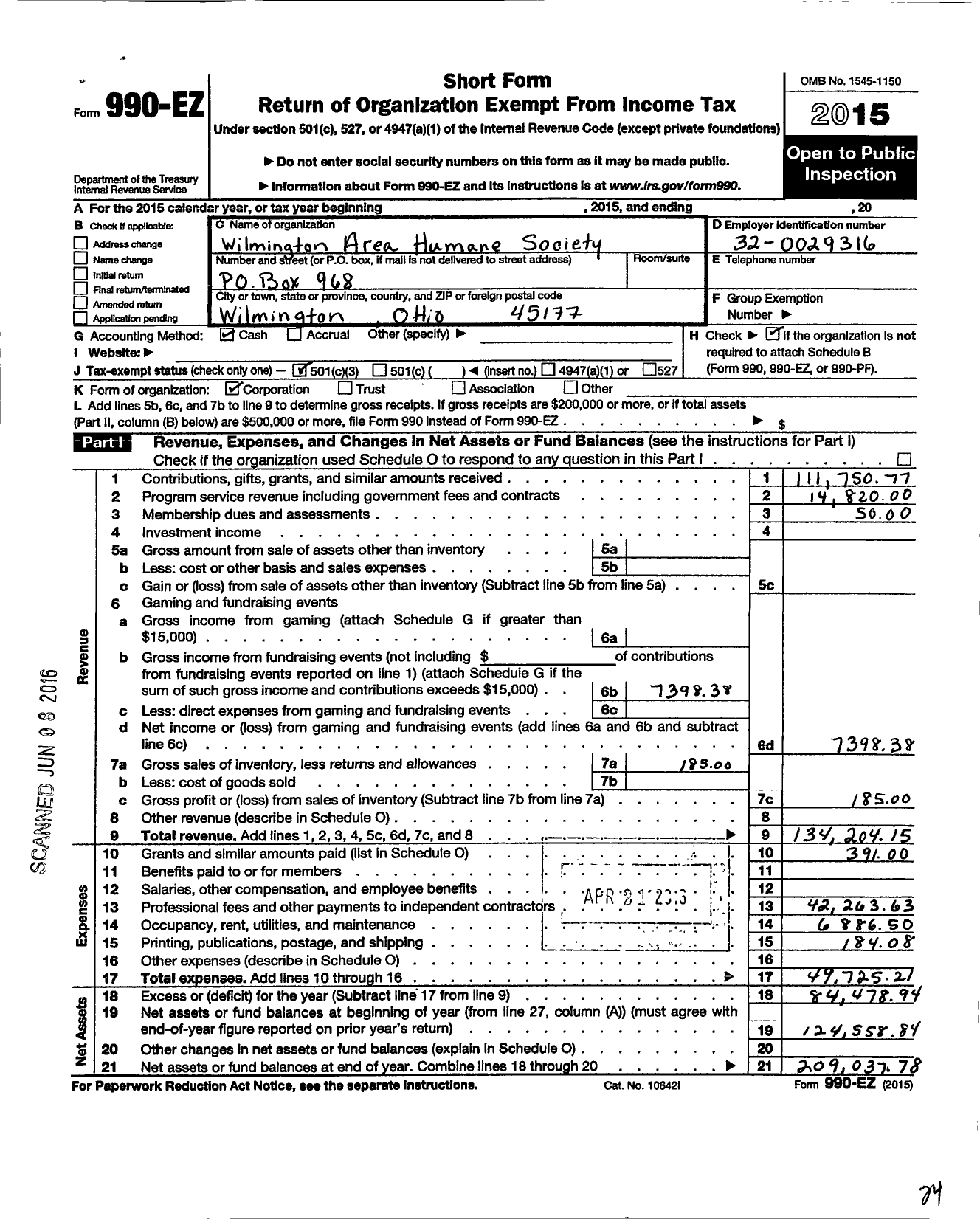 Image of first page of 2015 Form 990EZ for Wilmington Area Humane Society