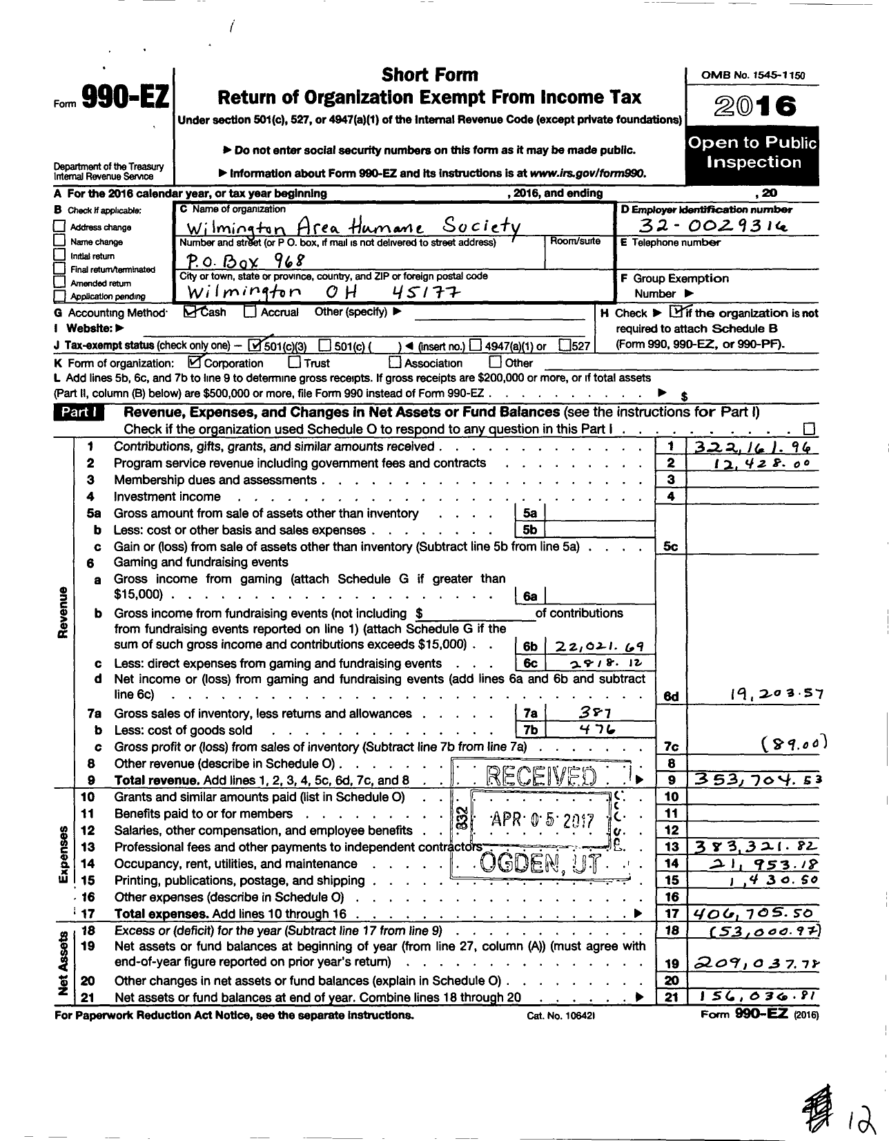 Image of first page of 2016 Form 990EZ for Wilmington Area Humane Society