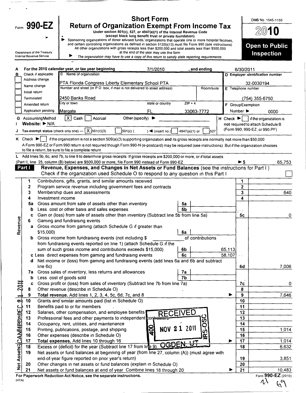 Image of first page of 2010 Form 990EZ for PTA Florida Congress - Liberty Elementary PTA