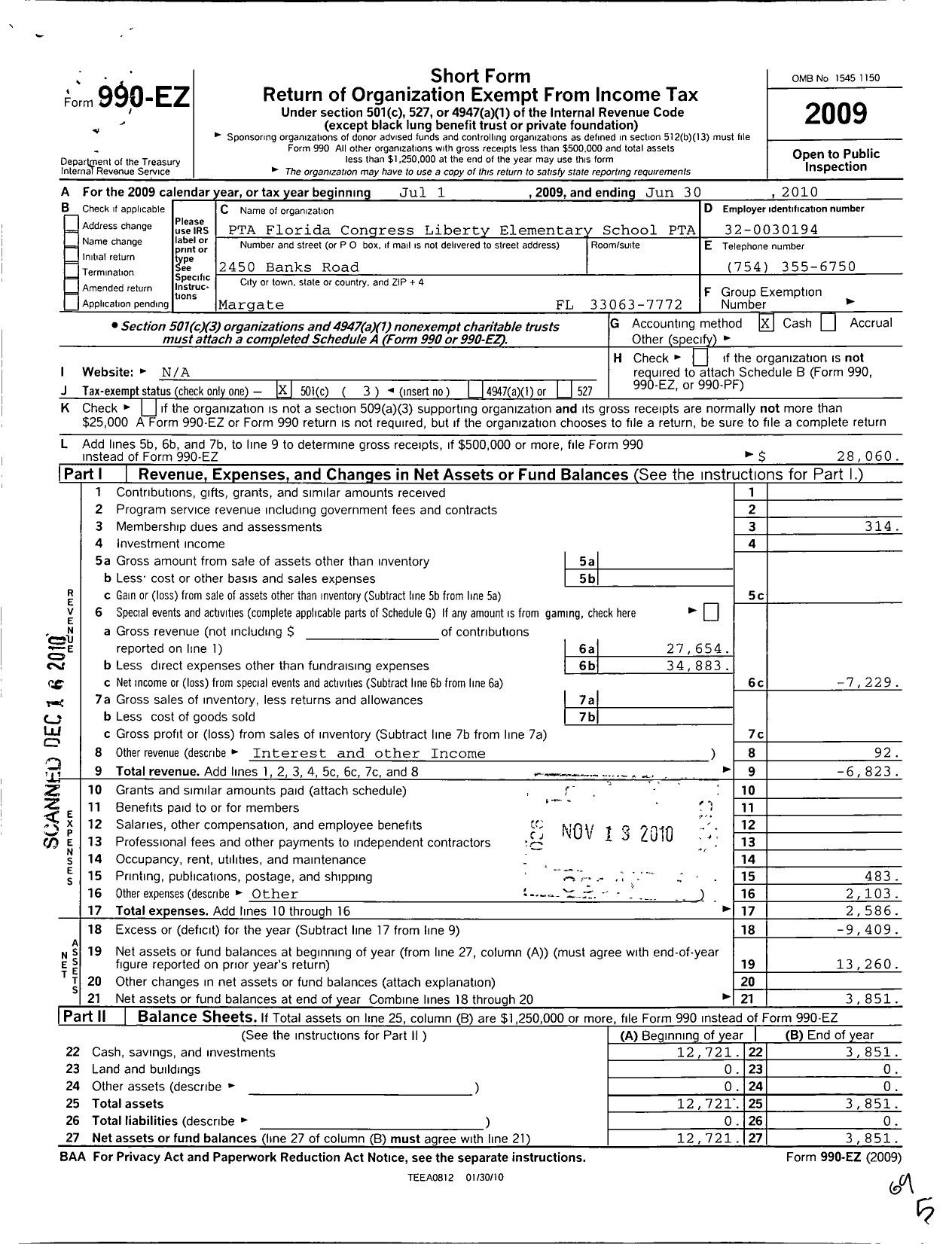 Image of first page of 2009 Form 990EZ for PTA Florida Congress - Liberty Elementary PTA