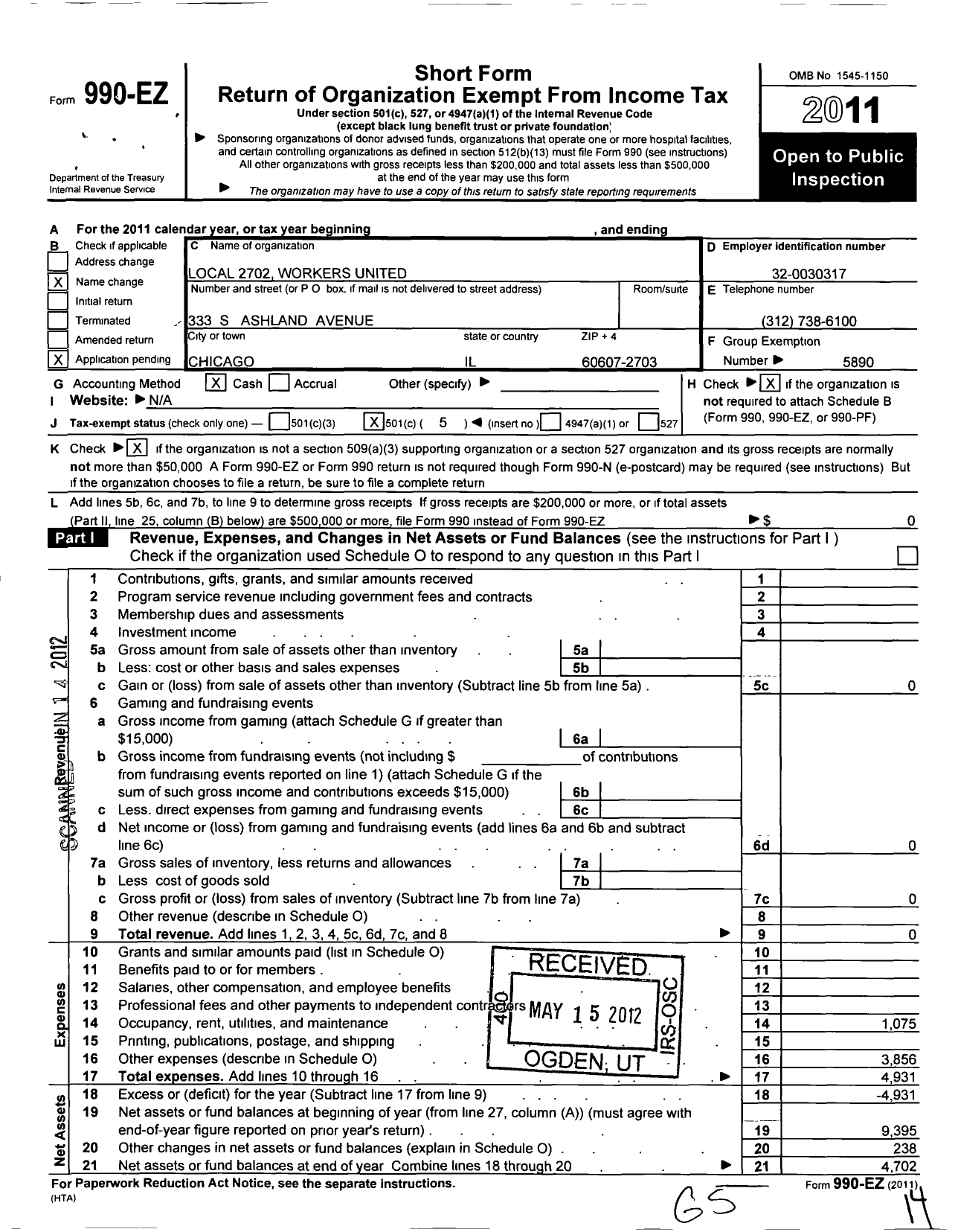 Image of first page of 2011 Form 990EO for Workers United - 2702 Local Westchester Oh