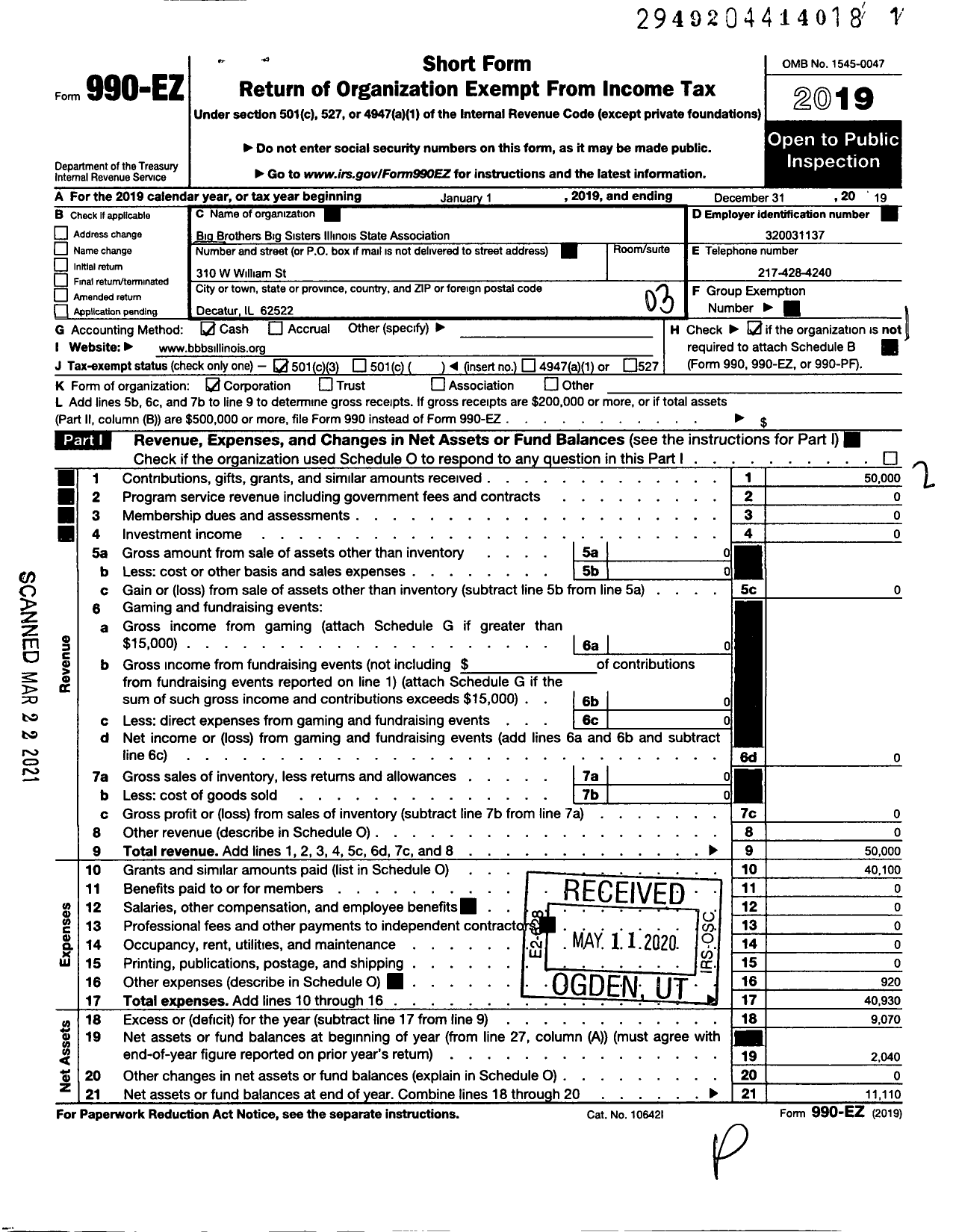 Image of first page of 2019 Form 990EZ for Big Brothers Big Sisters Illinois Association