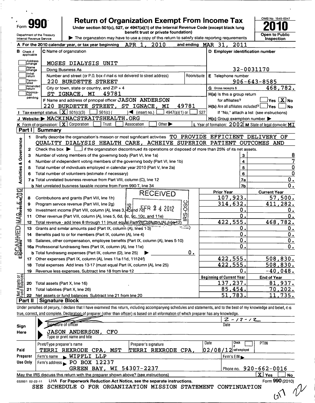 Image of first page of 2010 Form 990 for Moses Dialysis Unit