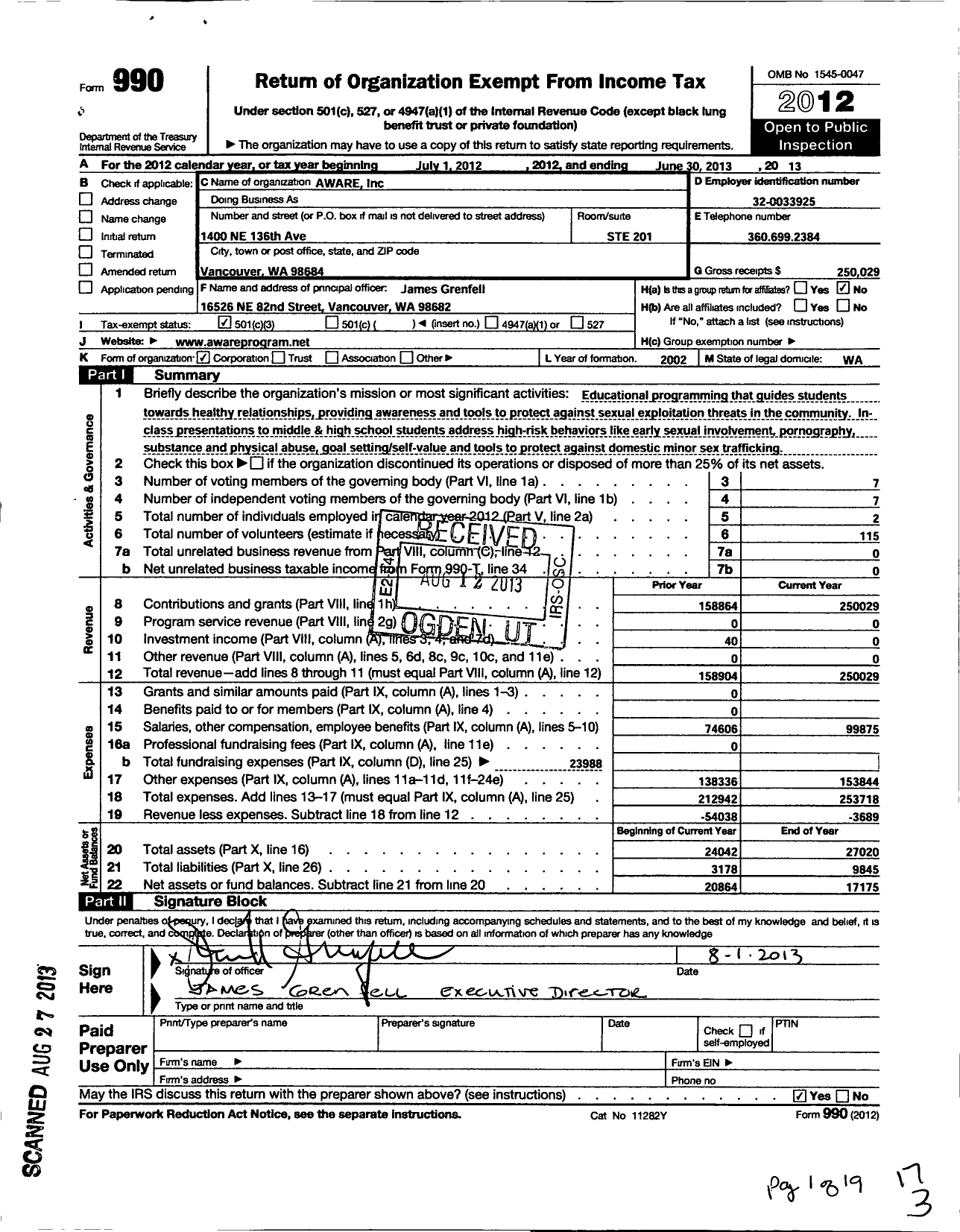 Image of first page of 2012 Form 990 for Aware