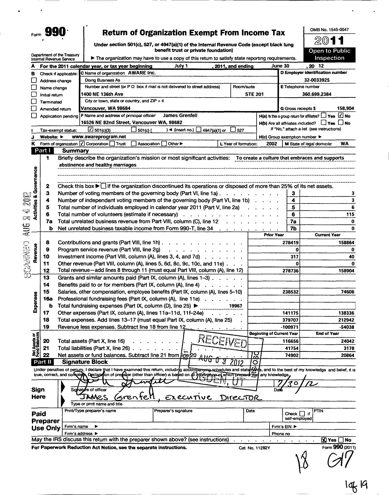Image of first page of 2011 Form 990 for Aware