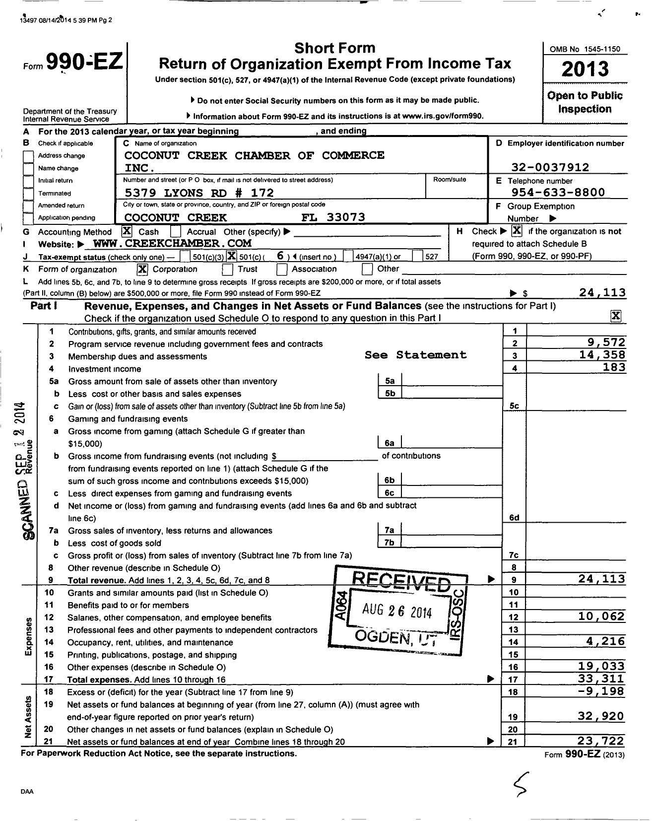 Image of first page of 2013 Form 990EO for Coconut Creek Chamber of Commerce