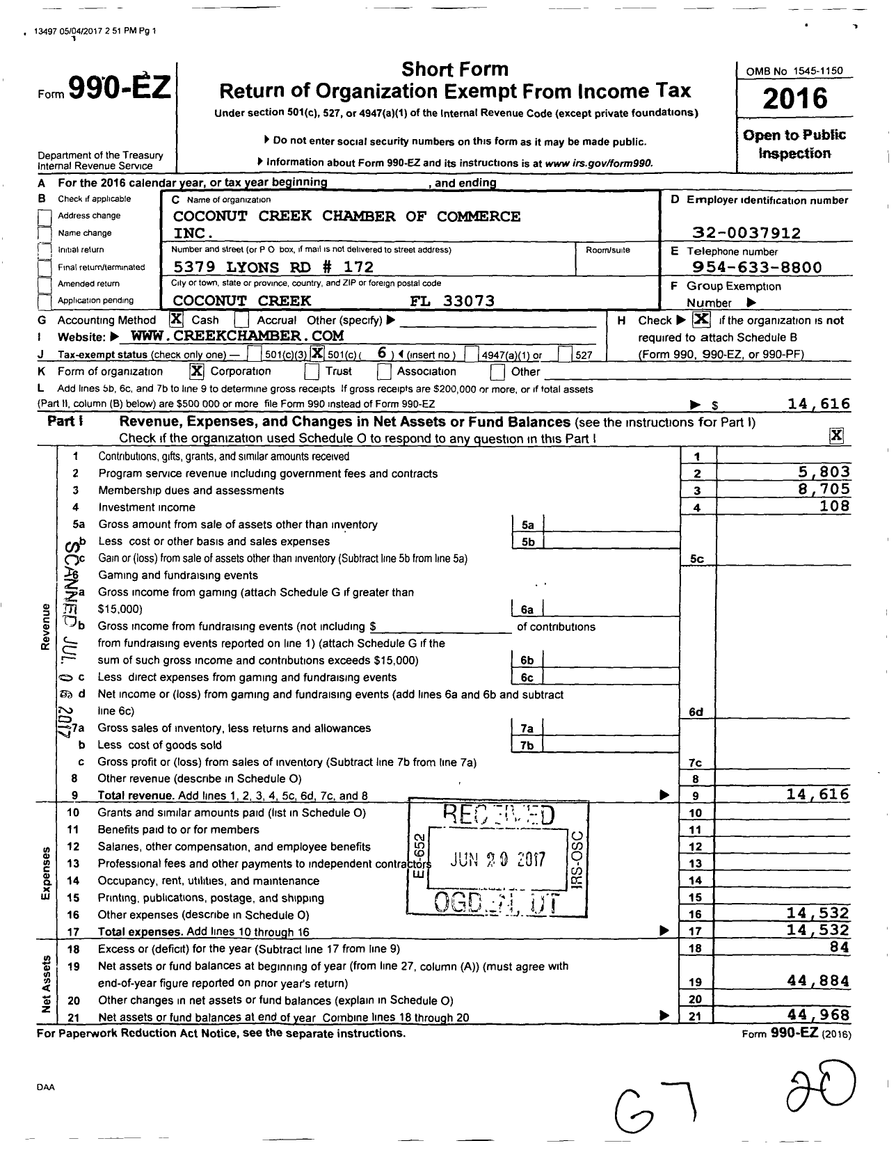 Image of first page of 2016 Form 990EO for Coconut Creek Chamber of Commerce